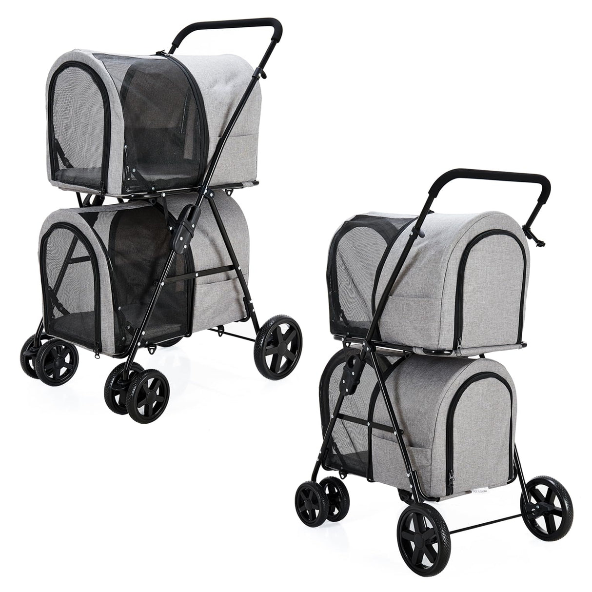 LPOTIUS Double Pet Stroller for Dogs and Cats with 2 Detachable Carrier, Quick-Folding Dog Stroller for Medium Small Dogs Cats, 4 Wheels, Light Gray
