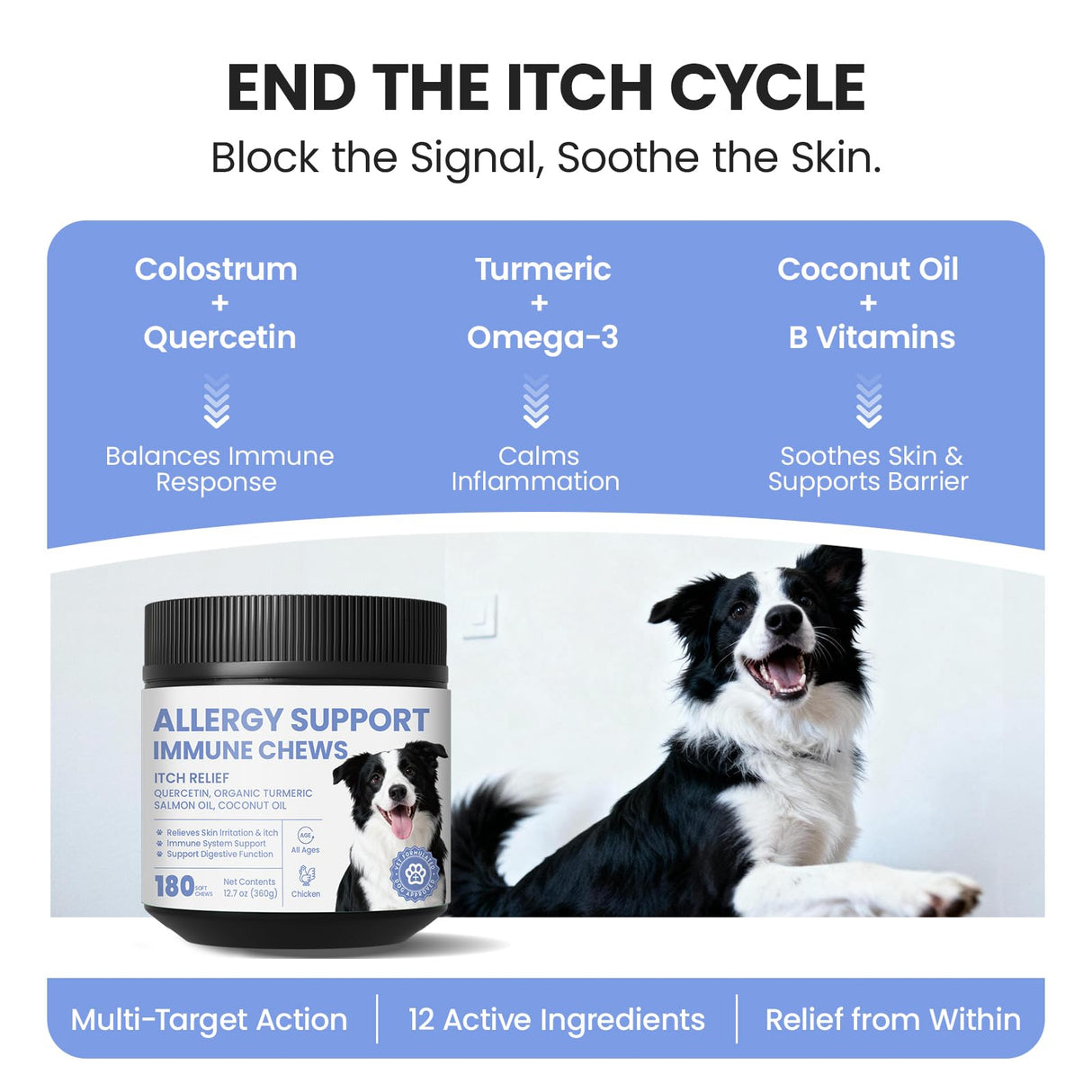 Pawfect Vita Dog Allergy Skin Relief Chews for Hotspot & Dry Skin, Itchy Skin Relief Supplement for Dog Paw Licking, Anti-Itch Soft Chews with Colostrum-Fish Oil-Probiotic to Boost Immune System 180ct