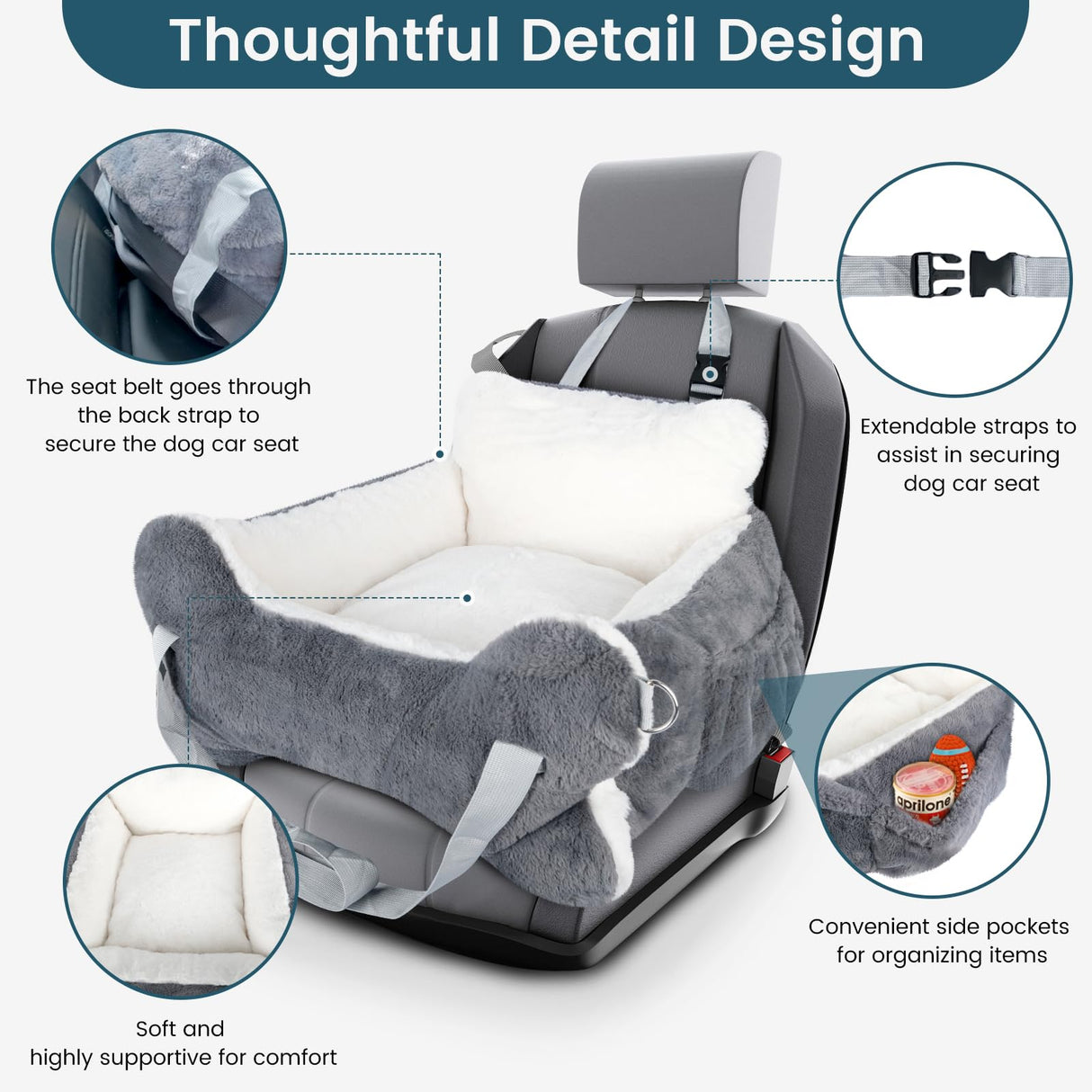 25.5"x24.3"x11" Dog Car Seat for Small Dogs & Cats, Dog Booster Car Seat with Plush Cushion, Non-Slip Bottom & Safety Leash, Cats Bed with Side Pocket for Sedan, SUV and Truck, Washable