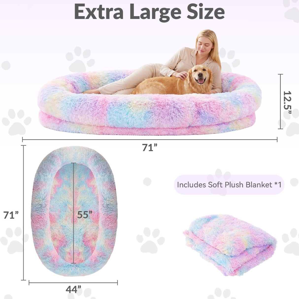 Human Dog Bed 71''Foldable for Adult Kids Faux Fur Washable Removable Giant Pet Bed with Present Blanket, Rainbow