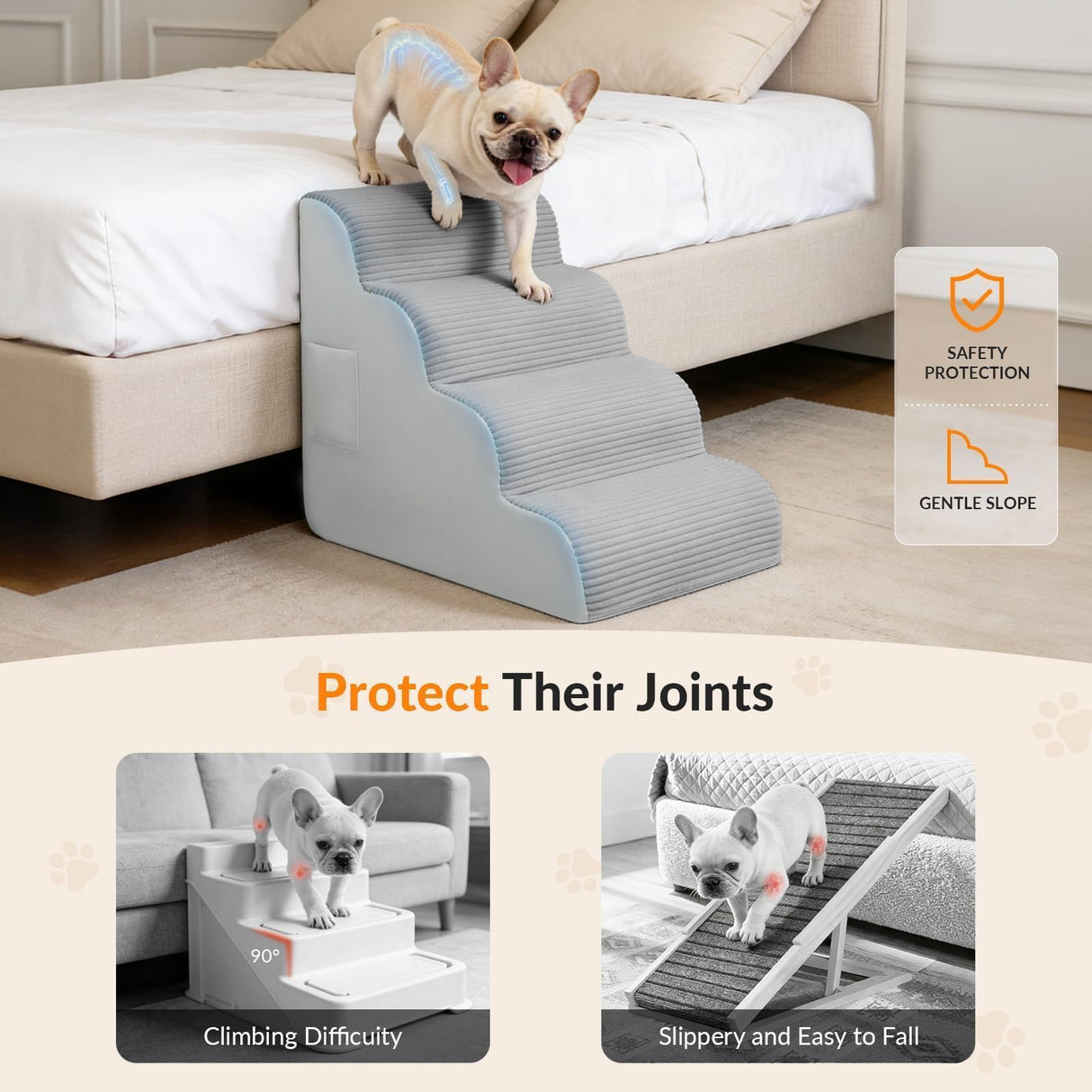 Dog Stairs for Bed Up to 24" H, Extra Height 22.8" 4-Step Pet Steps for Small Dogs and Cats, Non-Slip Sturdy Dog Ramp with Anti-Tip Safety Strap and Washable Cover,Balanced Ramp Indoor Pet Stairs