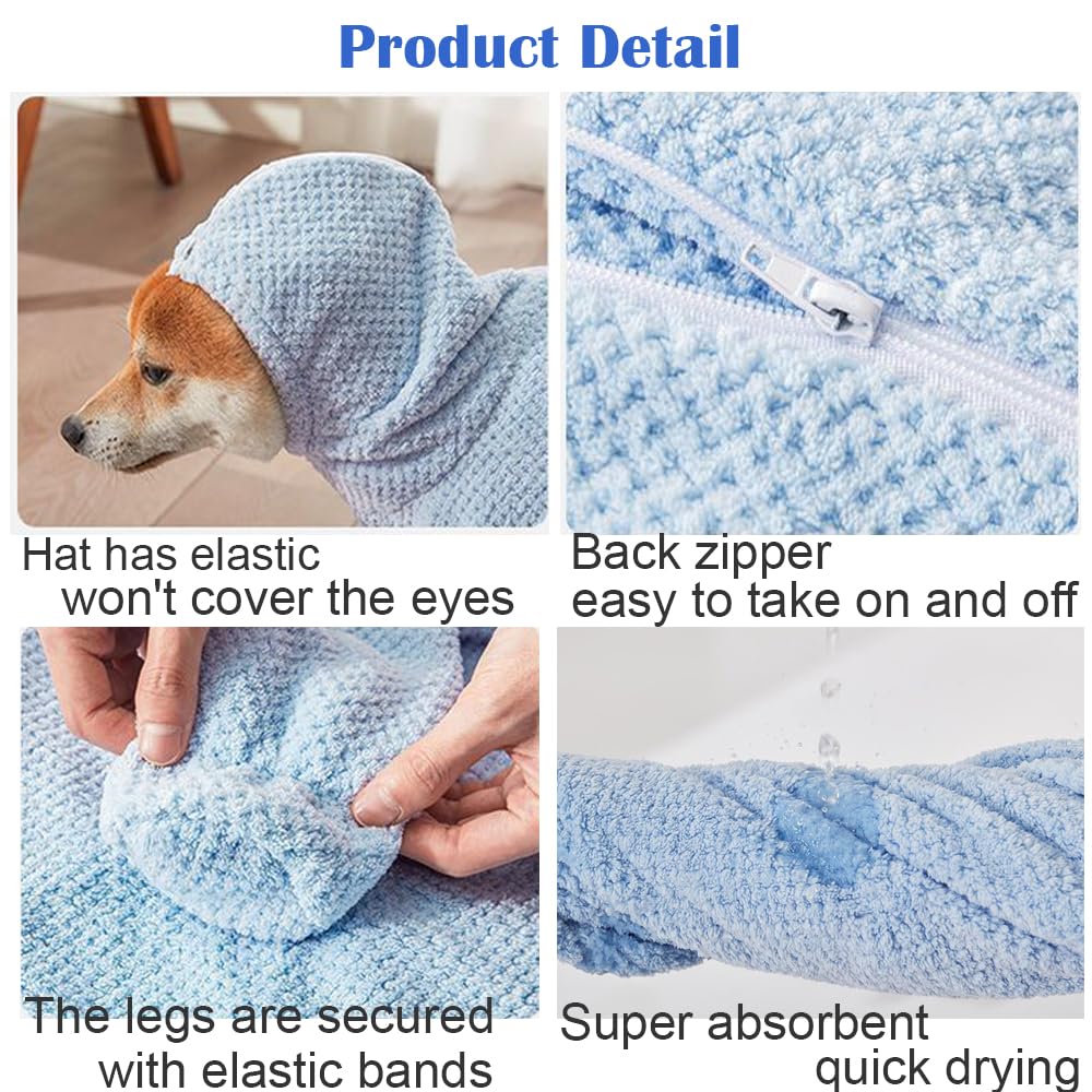 HDKUW Dog Towel Robe with Hood & Paw Covers, Full Coverage Pet Bathrobe, Super Absorbent Thick Plush Toweling Wrap with Back Zipper for Cats Small Medium Large Dogs XL