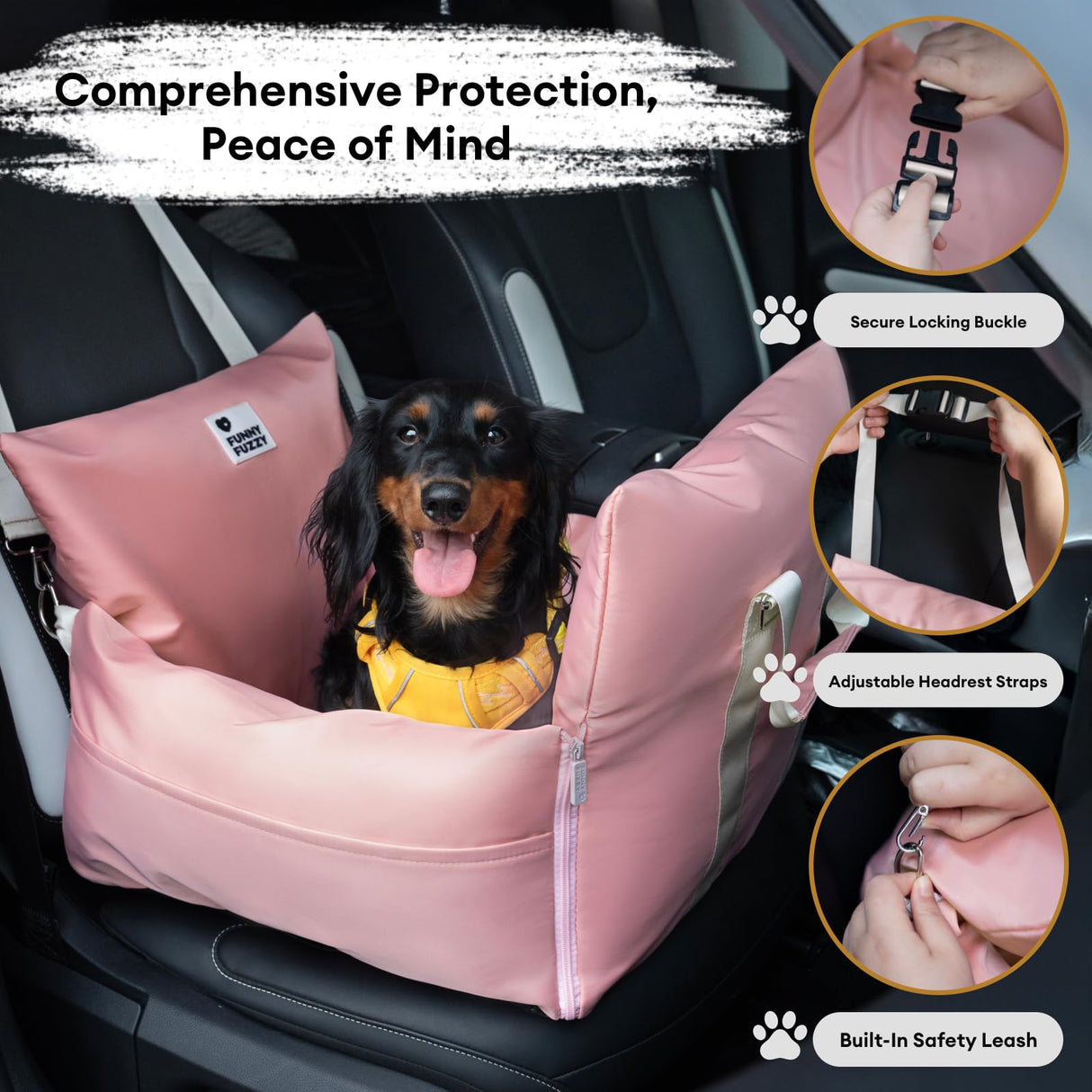 FUNNY FUZZY Dog Car Booster Seat for Small/Medium Dogs up to 25lbs – Waterproof, Non-Slip Base, Safety Leash & Fully Washable Design for Safe and Comfortable Travel (Pink)