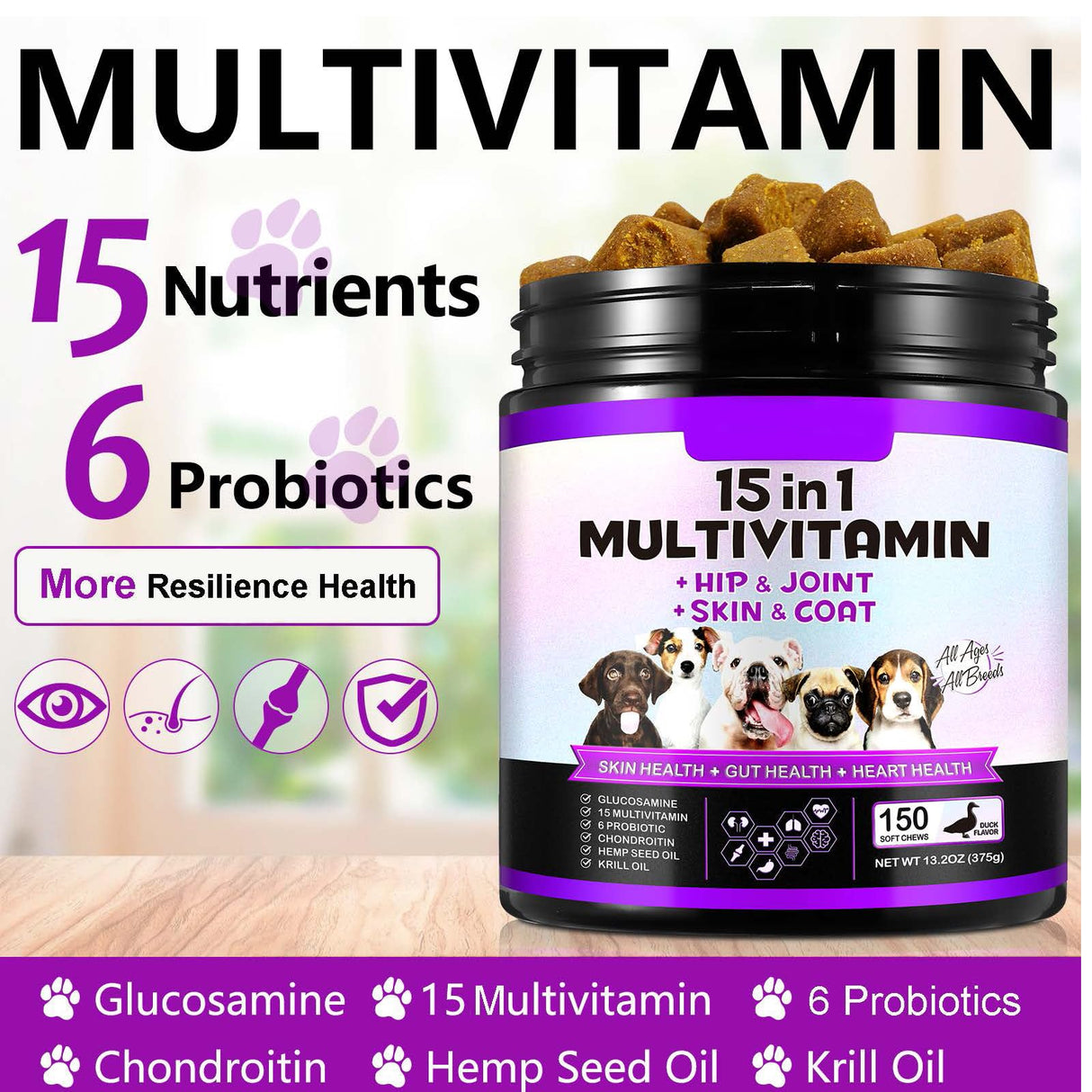 15-in-1 Dog Multivitamin Supplements with Glucosamine & Probiotics,Natural Daily Vitamins Chews for Dogs,Pet Health Support-Skin-Immunity-Gut Digestion-Joint-Heart,150 Pcs-Duck Flavor