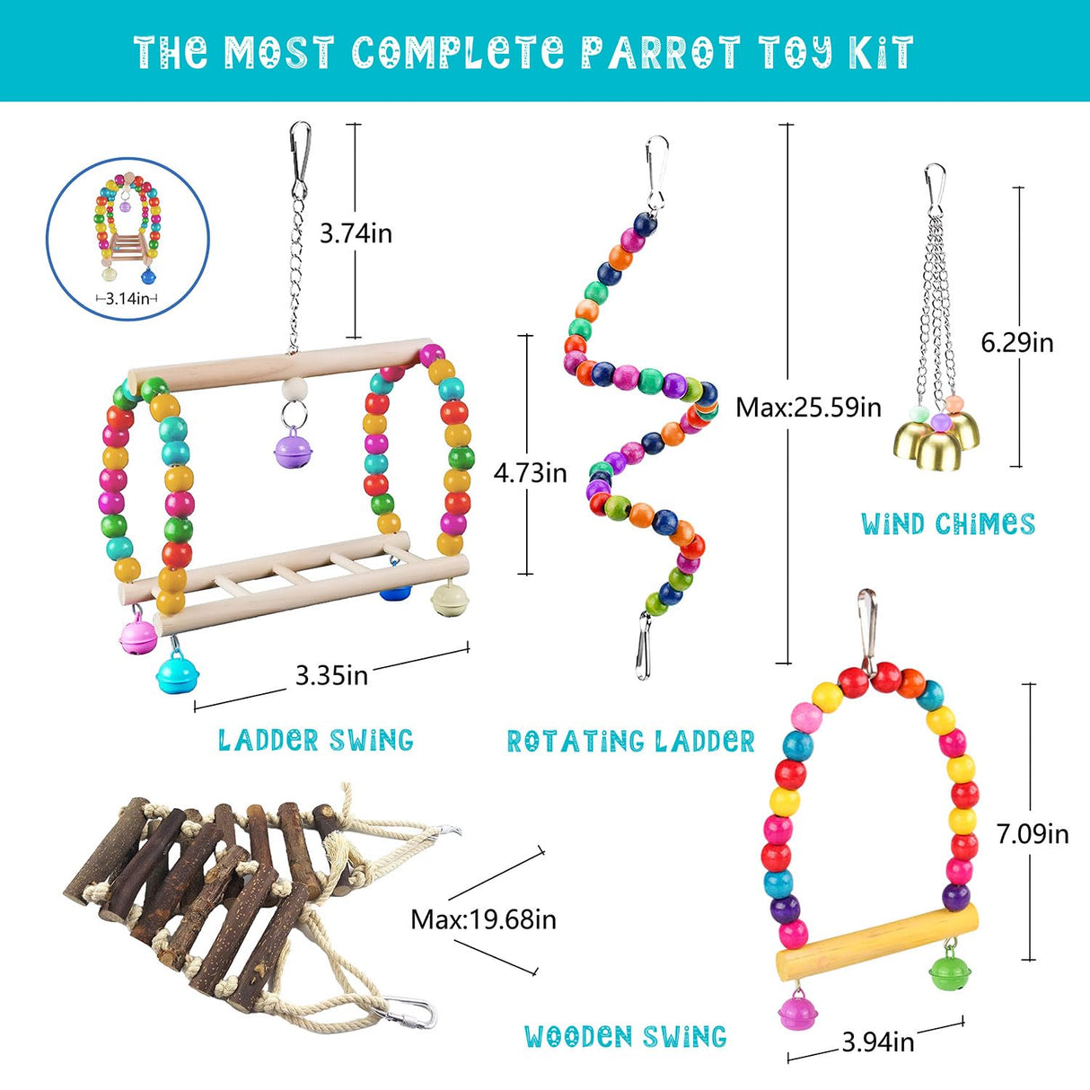 Sysmashing 23pcs Bird Parakeet Cockatiel Toys,Parrot Swing Chewing Hanging Toy with Safe Bells,Bird cage Colorful Climbing Standing Rope Natural Wood Ladder Bungee Toys