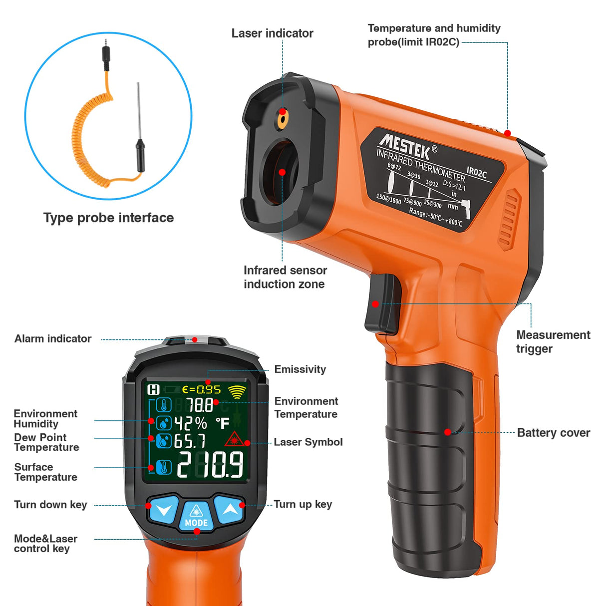 MESTEK Infrared ThermometerTemperature Gun with K Probe Digital Laser IR Thermometetr Temp Gun -58℉~1472℉ Color LCD Screen Alarm Function Adjustable Emissivity for Cooking Grill Pizza Oven