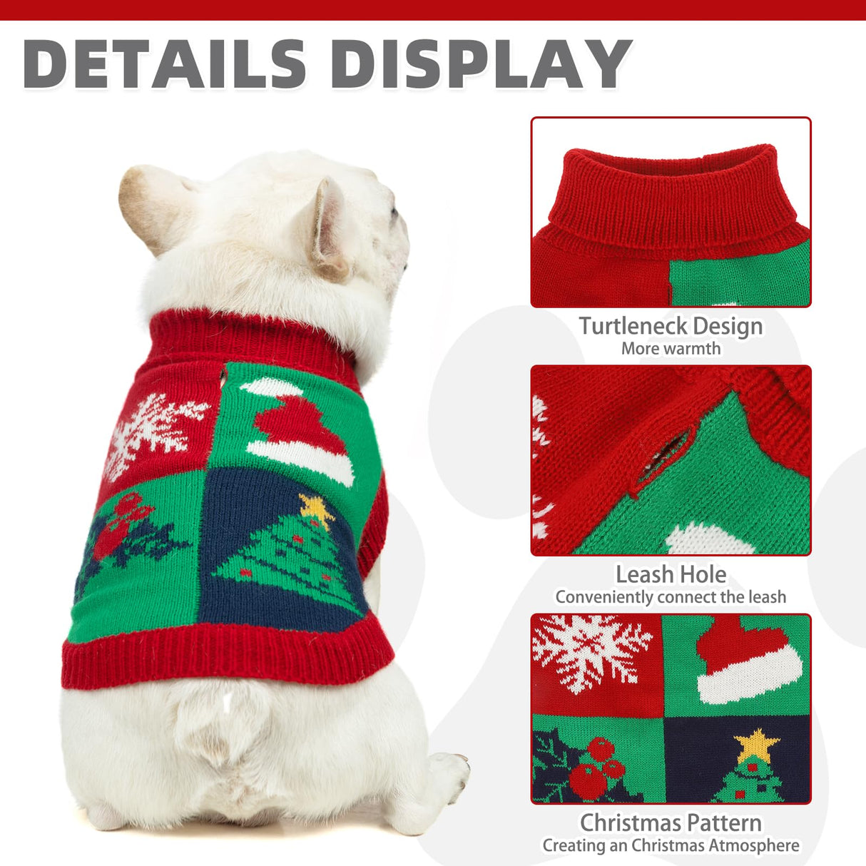 KOOLTAIL Christmas Sweater, Cold Weather Knitted Turtleneck Pullover for Dogs, Red Green Color Design Sweatshirt, Thick Warm Winter Clothes for Small Medium Large Dogs Boys Girls, XL