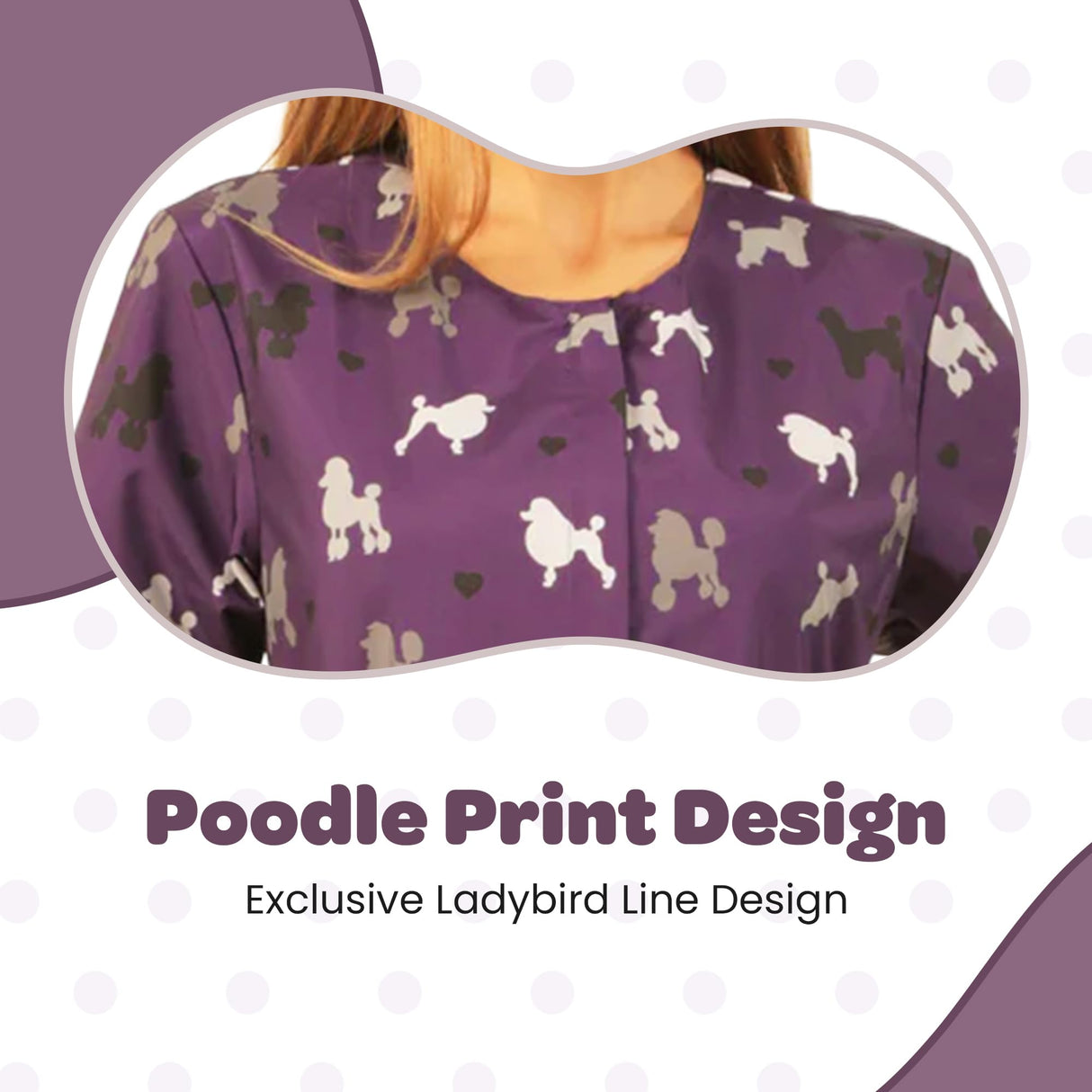 Ladybird Line 710 Purple Poodle Print Waterproof Dog Grooming Smock, Hair and Bleach Resistant with Covered Zipper Panel, Mesh Back, and Back Tie Belt, Ideal for Pet Groomers and Vet Clinics - XL