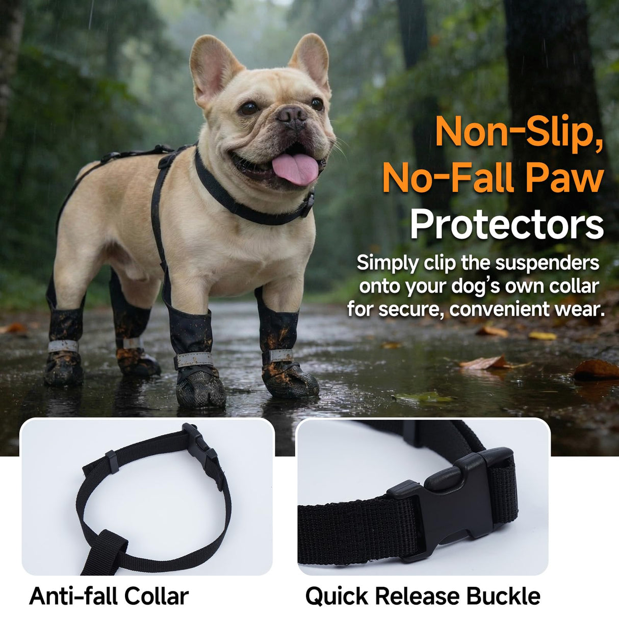 AuraPaw Dog Booties with Adjustable Suspenders for Outdoor Adventures – Reflective Paw Protectors for Rain, Snow & Mud, Anti-Slip & Dirt-Proof Boots Leggings, Waterproof Dogs Shoes, Black, Size L