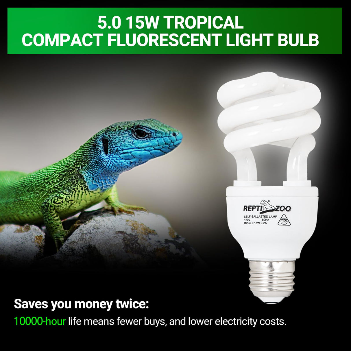 REPTI ZOO UVB Light for Tropical Reptile, 2 Pack 5.0 15W UVA UVB Reptile Light Bulb, UVB Lamp for Crested Gecko Leopard Gecko Frog Toad Snake Chameleon