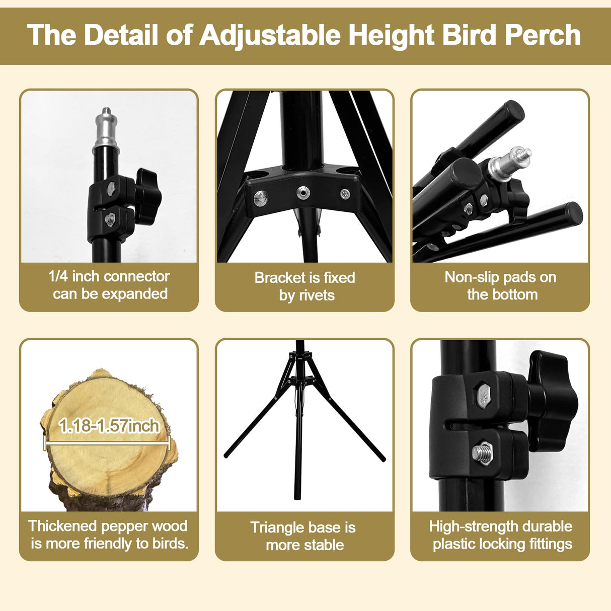 Arfubye 16-63 Inch Height Adjustable Bird Perch Pepper Wood Bird Training Perch Stand Parakeet Perches Indoor and Outdoor Parrot Stands for Small to Medium Bird