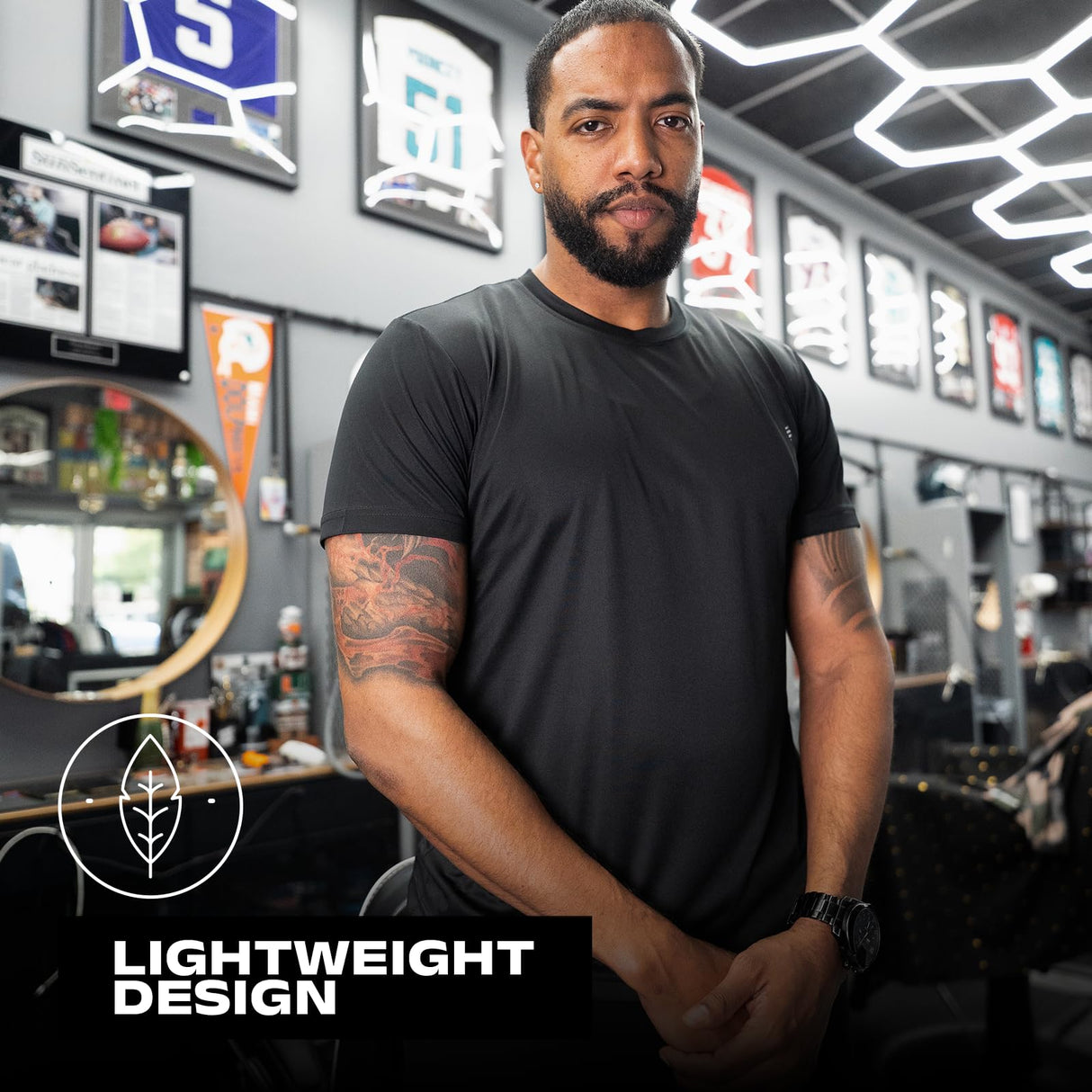 Barber Strong The Barber Tech Tee, Men's Black, Hair Repellent, Ultra Lightweight T-Shirt with Breathable Vented Side Panels, Moisture-Wicking 4-Way Stretch Fabric, Size Medium, Great for Pet Grooming