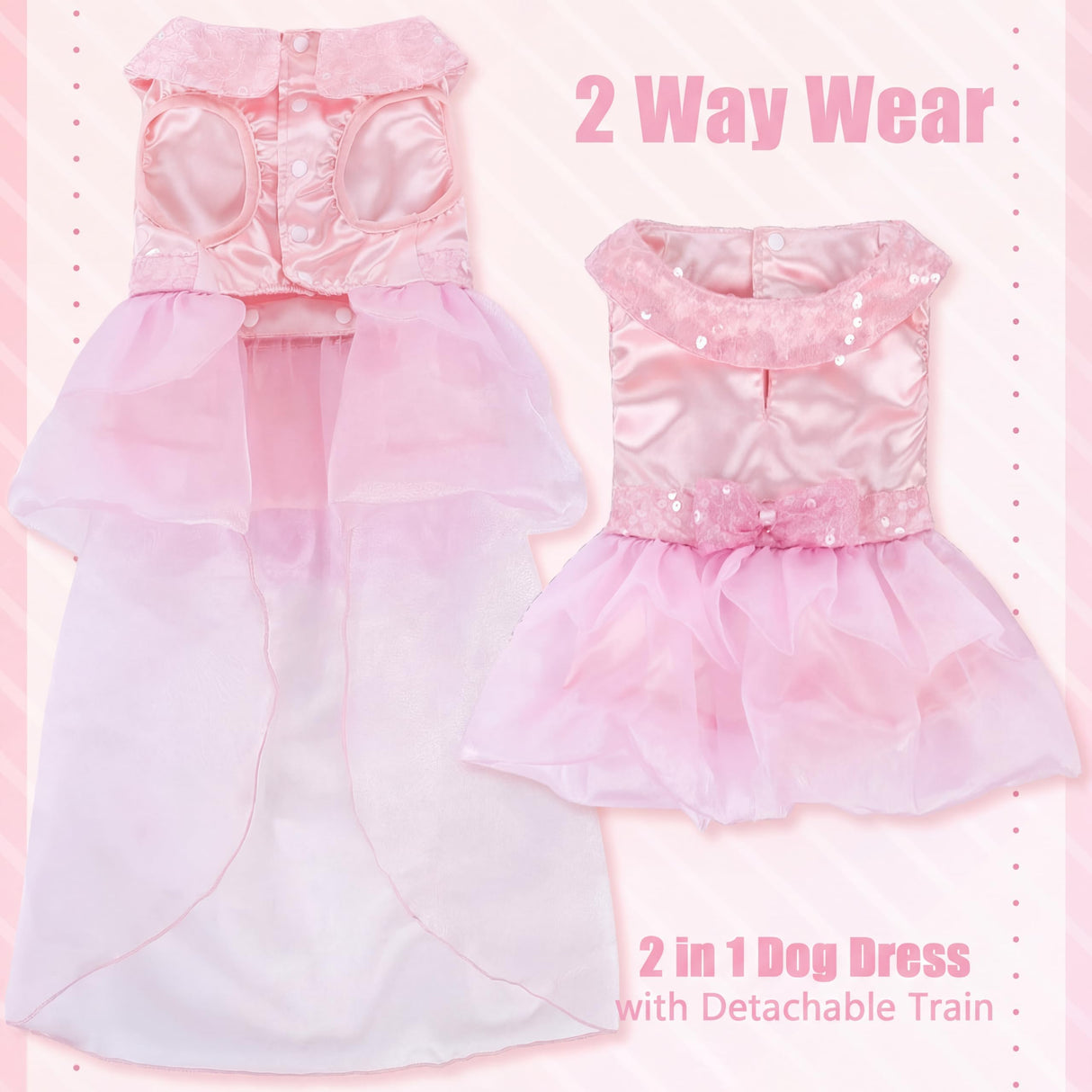 Dog Dress for Small Medium Large Dogs Pet Princess Wedding Dress with Detachable Train Multi-Layer Organza Girl Puppy Tutu Skirt Bowknot Sequin Decor Birthday Cat Clothes(Pink, M)