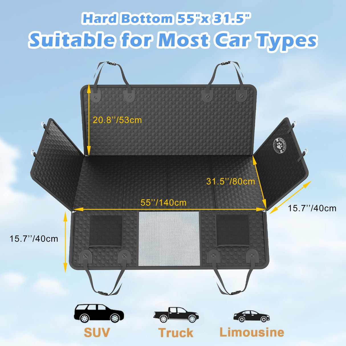 QUIBBLICK Back Seat Extender for Dogs, PU Leather Hard Bottom Truck Dog Seat Cover for Back Seat, Waterproof Pet Hammock Bed for Car with Side Flap, High Barrier Truck Pet Back Seat Covers