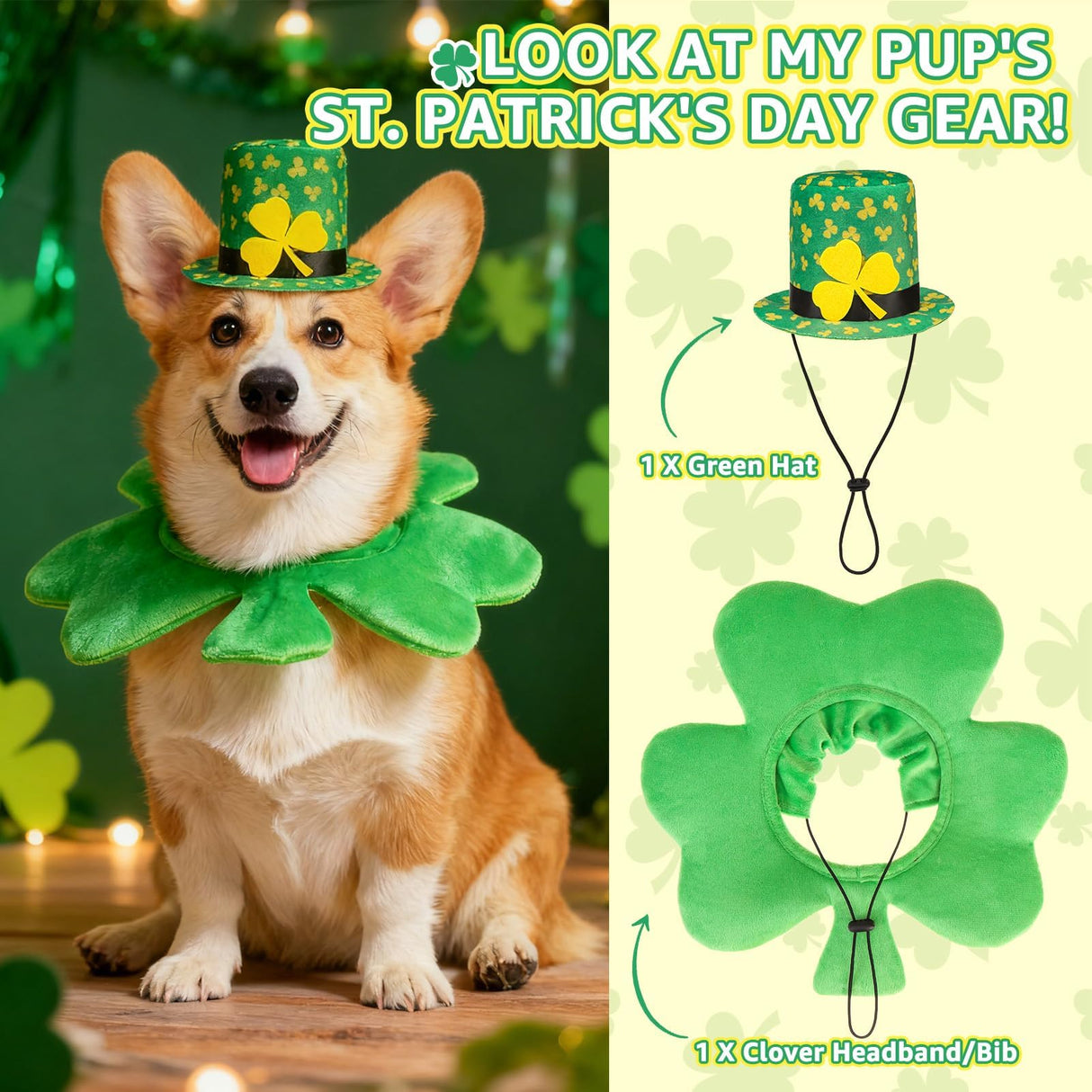 SCENEREAL Dog St Patricks Day Outfit, Irish Clover Hat & Scarf Costumes Set for Small Medium Dogs, Funny Pet Holiday Clothes Green Collar Headband, Puppy Large Cat Cosplay Party Apparel Accessory