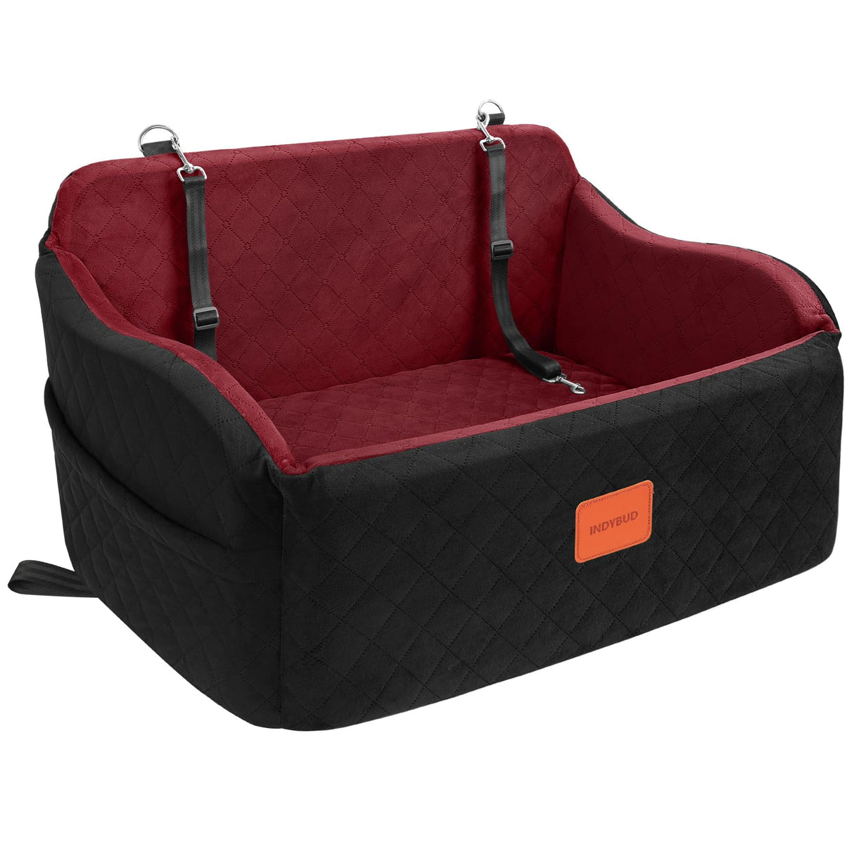 INDYBUD Dog Car Seat for Medium/Large Dogs, Memory Foam Pet Booster Seat for Under 55 lbs or 2 Small Dogs, Detachable Dog Car Bed for Backseat with 2 Safety Leashes and Pockets (Black/Red, Large)