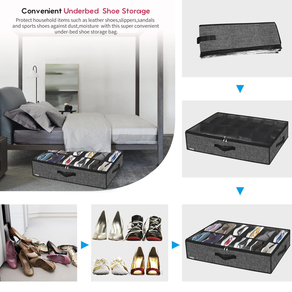 Onlyeasy Sturdy Under Bed Shoe Storage Organizer, Set of 2, Fit 12 to 24 Pairs, Underbed Shoes Closet Storage Solution with Clear Window, Breathable, L29.3 x W23.6 x H5.9, Linen-like Black, MXAUBSB2P