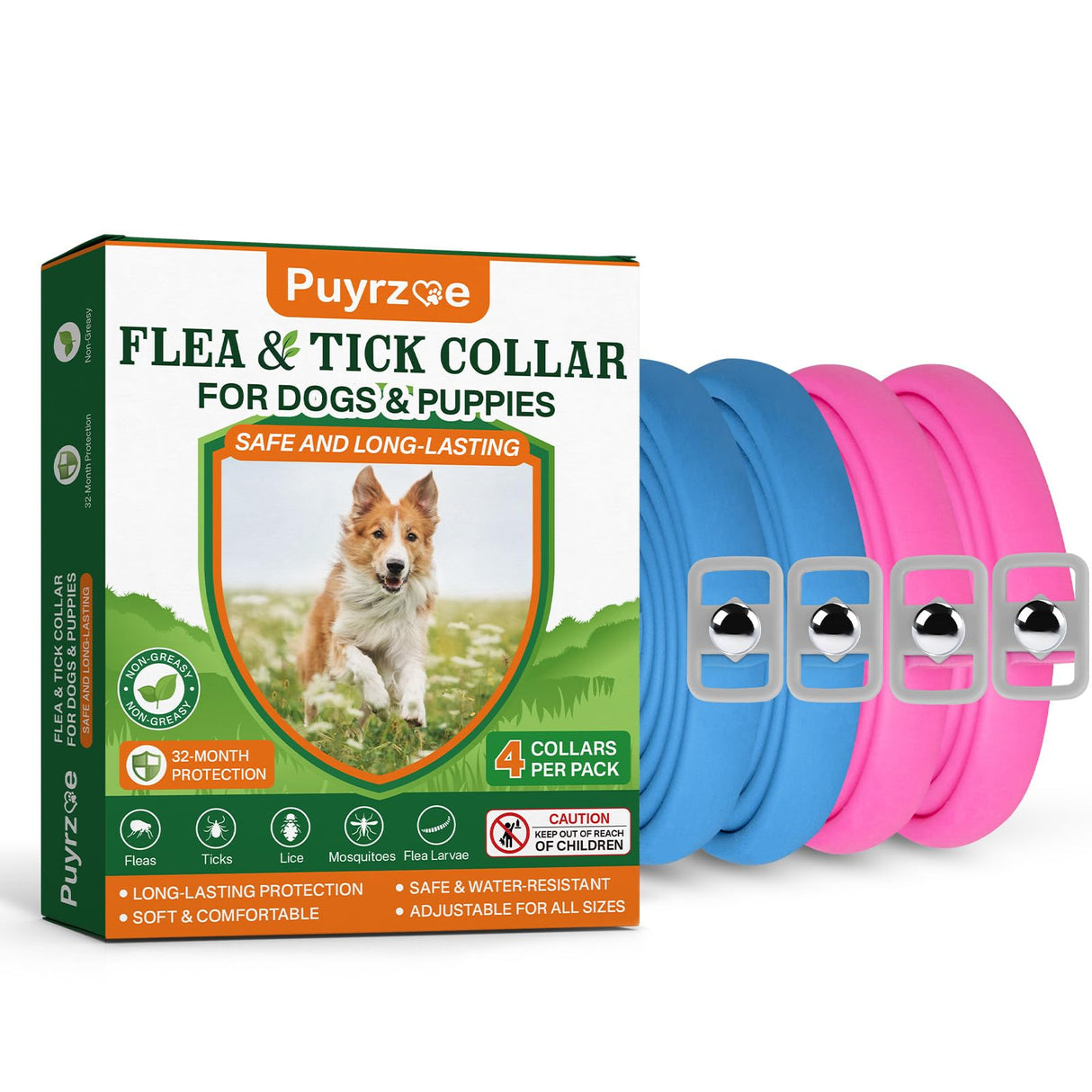 Puyrzoe Flea and Tick Prevention for Dogs Collar 4 Pack, Natural Flea Collar for Dogs 32-Month Full Protection, Adjustable Dog Tick Prevention for Puppy & Dog, Waterproof, 2 Pink & 2 Blue