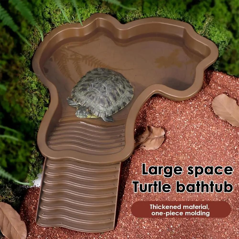 Flushbay Extra Large Reptile Bathing Pool Reptile Feeding Dish Water Bowl with Ramp Aquarium Ornament for Gecko, Snake, Turtle, Bearded Dragon, Lizard Bath (Brown Yellow)
