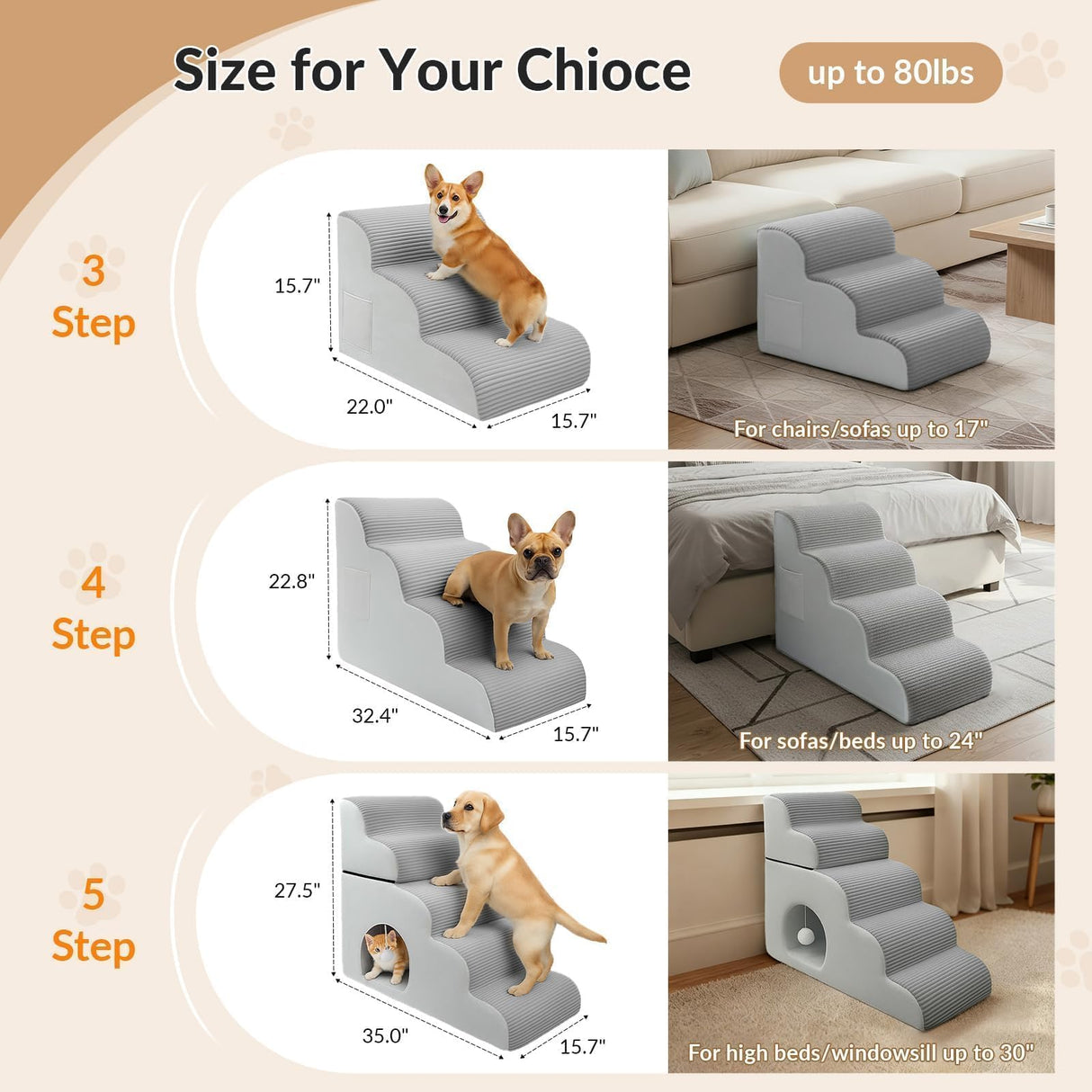 Dog Stairs for Bed Up to 24" H, Extra Height 22.8" 4-Step Pet Steps for Small Dogs and Cats, Non-Slip Sturdy Dog Ramp with Anti-Tip Safety Strap and Washable Cover,Balanced Ramp Indoor Pet Stairs