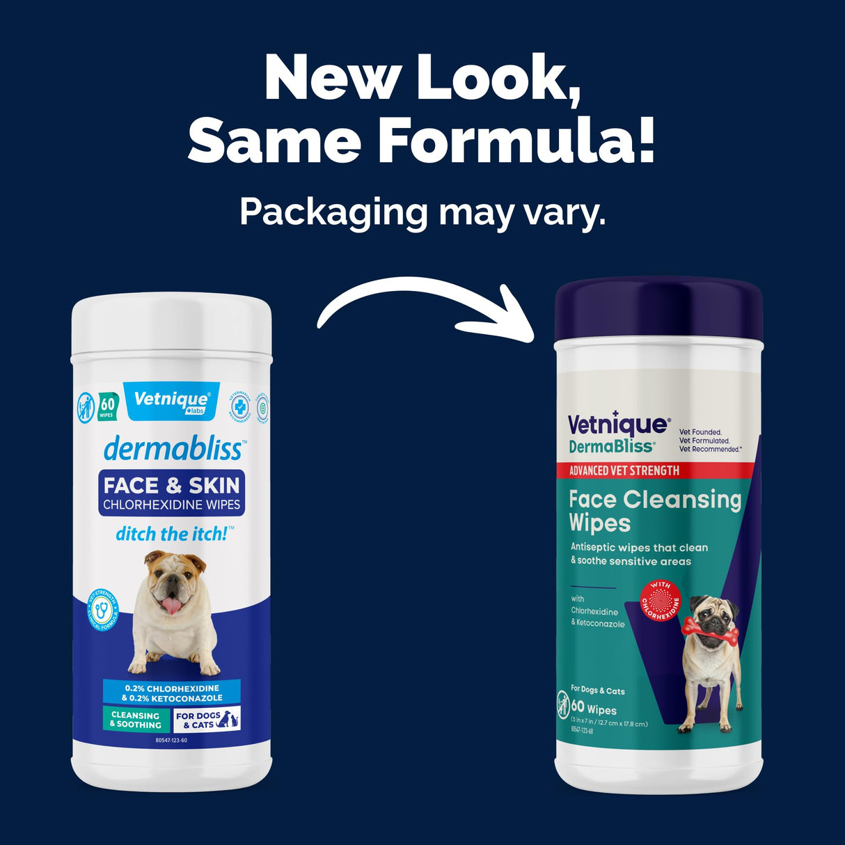 Vetnique Dermabliss Dog Face Wipes - Medicated Chlorhexidine Wipes for Dogs with Wrinkles, French Bulldog, English Bulldog Dog Grooming Wipes Cleaning & Deodorizing Dog Wipes