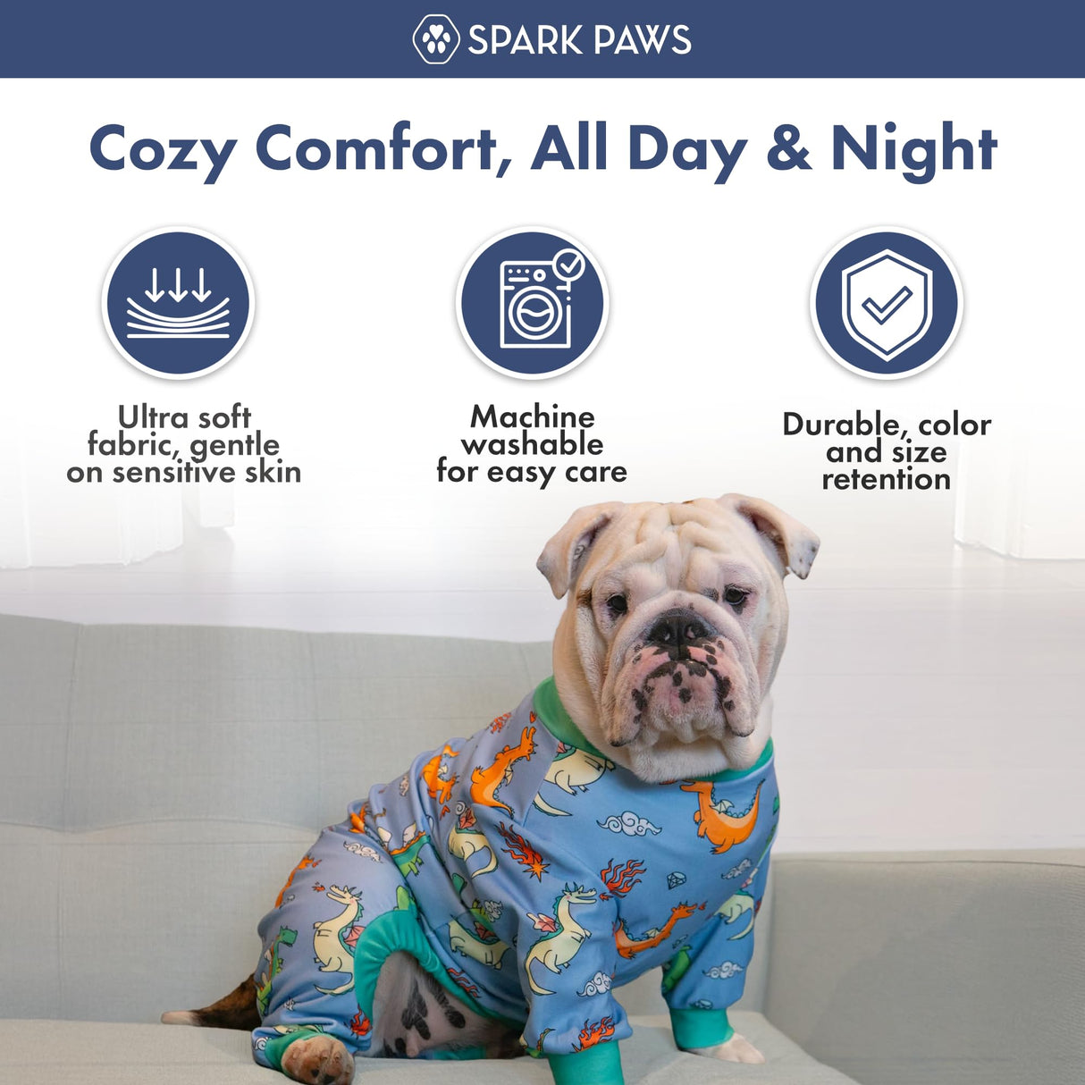 Spark Paws Dog Pajama, Dog Recovery Suit Male, Onesie, Ultra-Soft and 4-Way Stretch, for Small Medium and Large Breeds - Dragons - 3XL