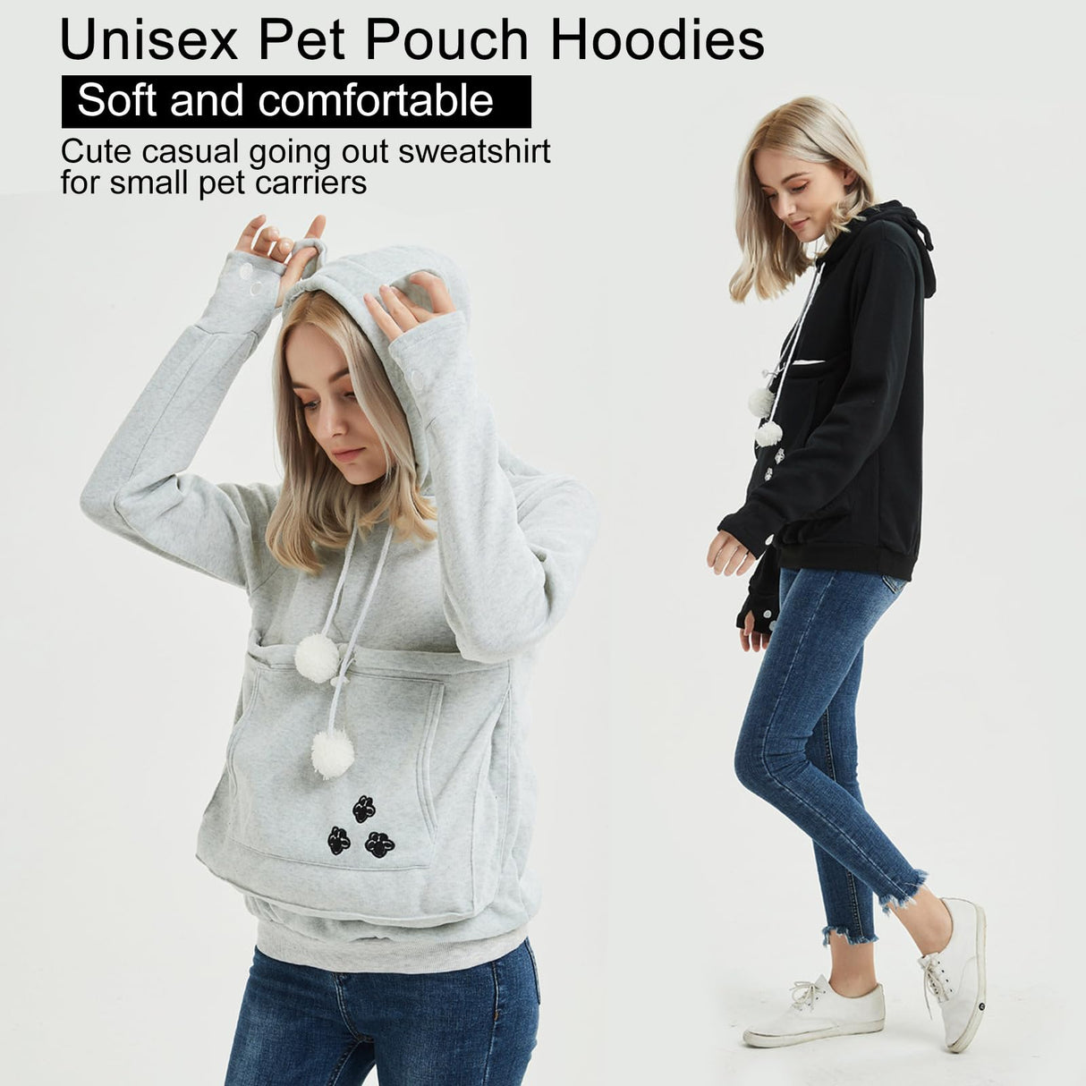 FENBEN Womens Pet Carrier Shirts Kitten Puppy Holder Animal Pouch Hood Sweatshirt Pouch Hoodie (Grey,XL)