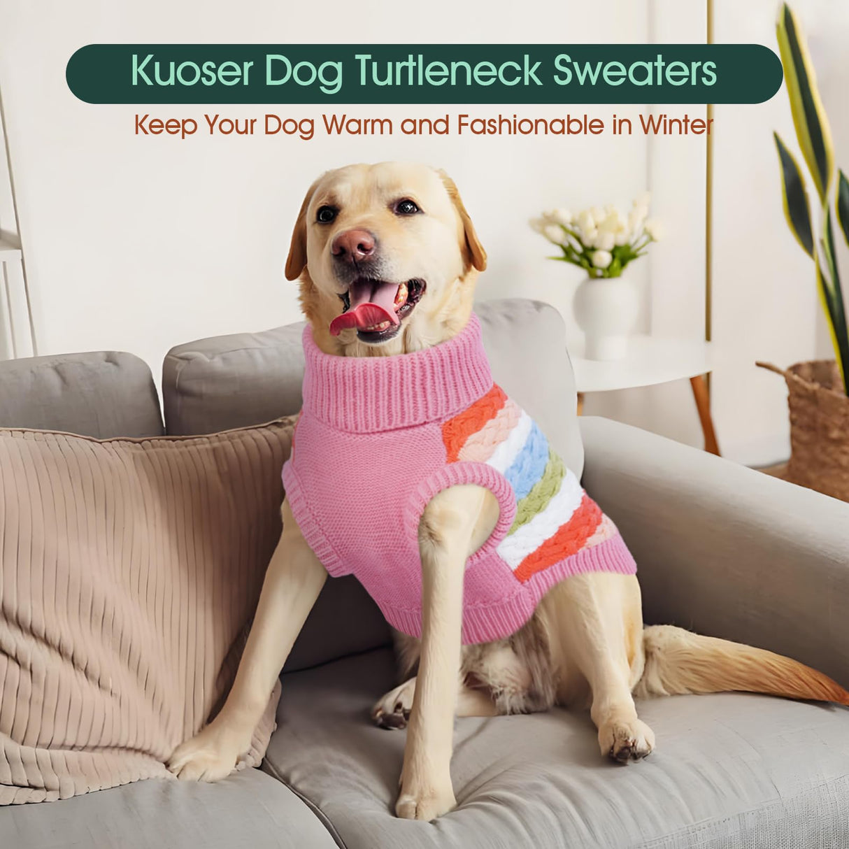 Kuoser Dog Sweater, Warm Dog Sweaters for Extra Large Dogs Girl Boy, Pet Turtleneck Knitted Pullover Jumper for Xmas Thanksgiving, Puppy Winter Vest Thermal Doggy Sweatshirt for Fall Winter, Pink 3XL
