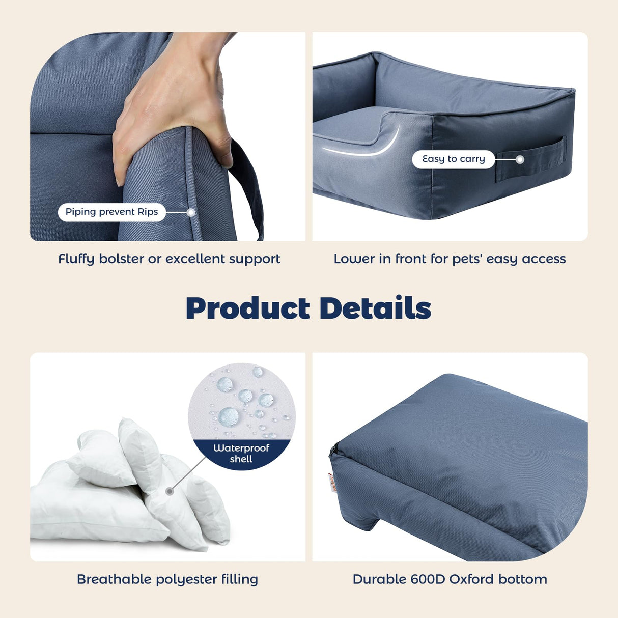 Miguel Waterproof Outdoor Dog Bed for Medium Small Dogs, Oxford Pet Bed Tough with Sides Easy Clean, All Weather Rectangle Puppy Bed with Removable Cover Bolster Bed Scratch Resistant, 35 inches