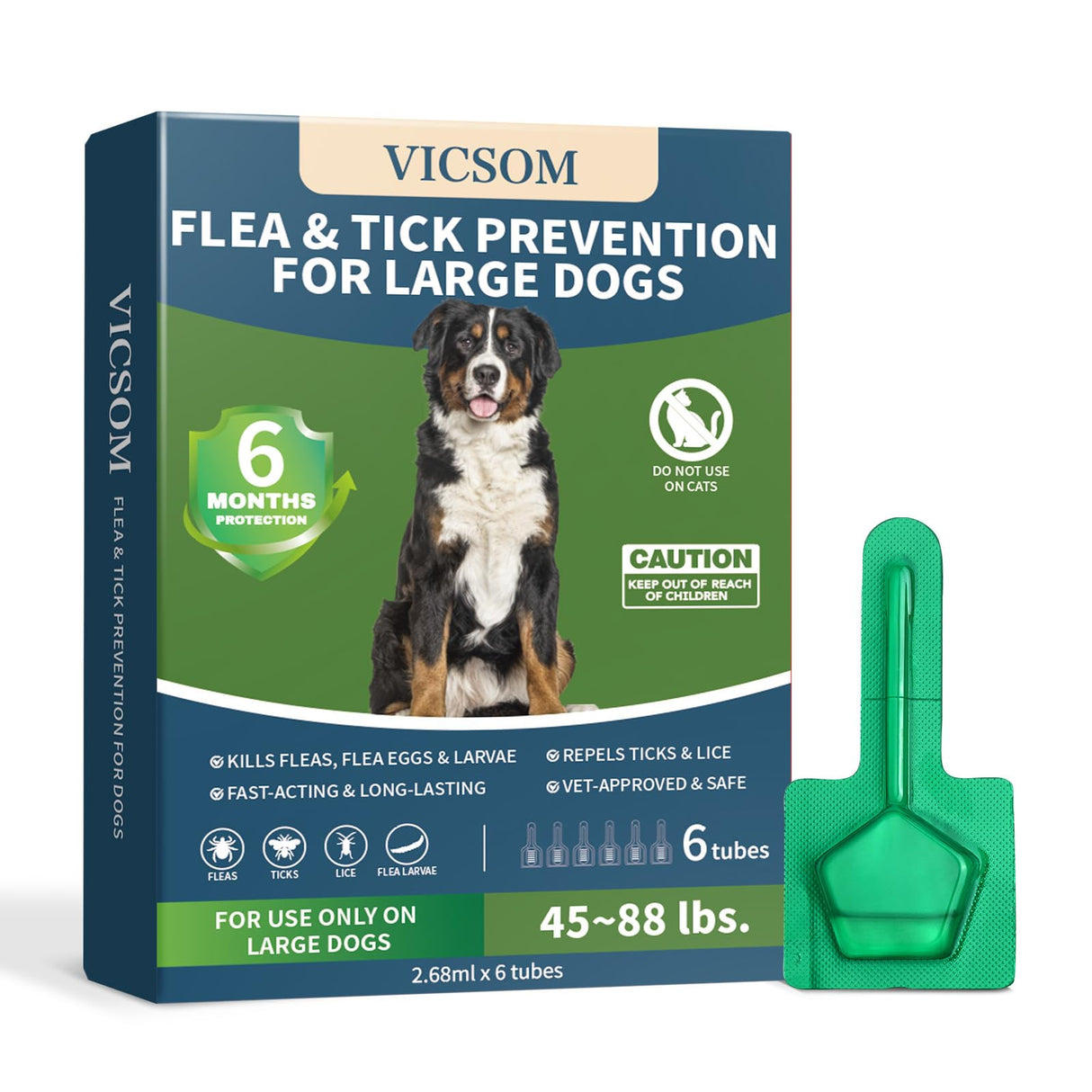 Flea and Tick Prevention for Dogs, 6 Months Supply Dog Flea and Tick Treatment Up to 45 to 88 Lbs, Waterproof Topical Flea Treatment for Large Dogs - Fast-Acting Flea, Tick, and Mosquito Repellent