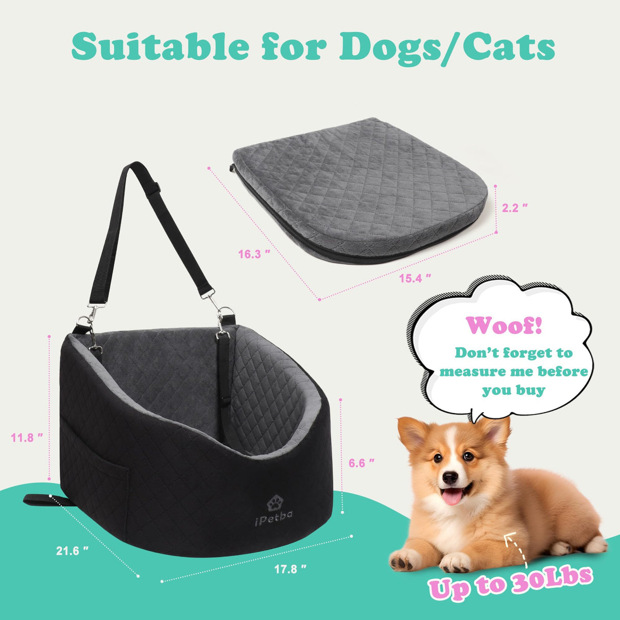 iPetba Dog Car Seat for Small & Medium Dogs - Crash-Protective, Non-Slip, Protects Car Interior, Detachable & Washable