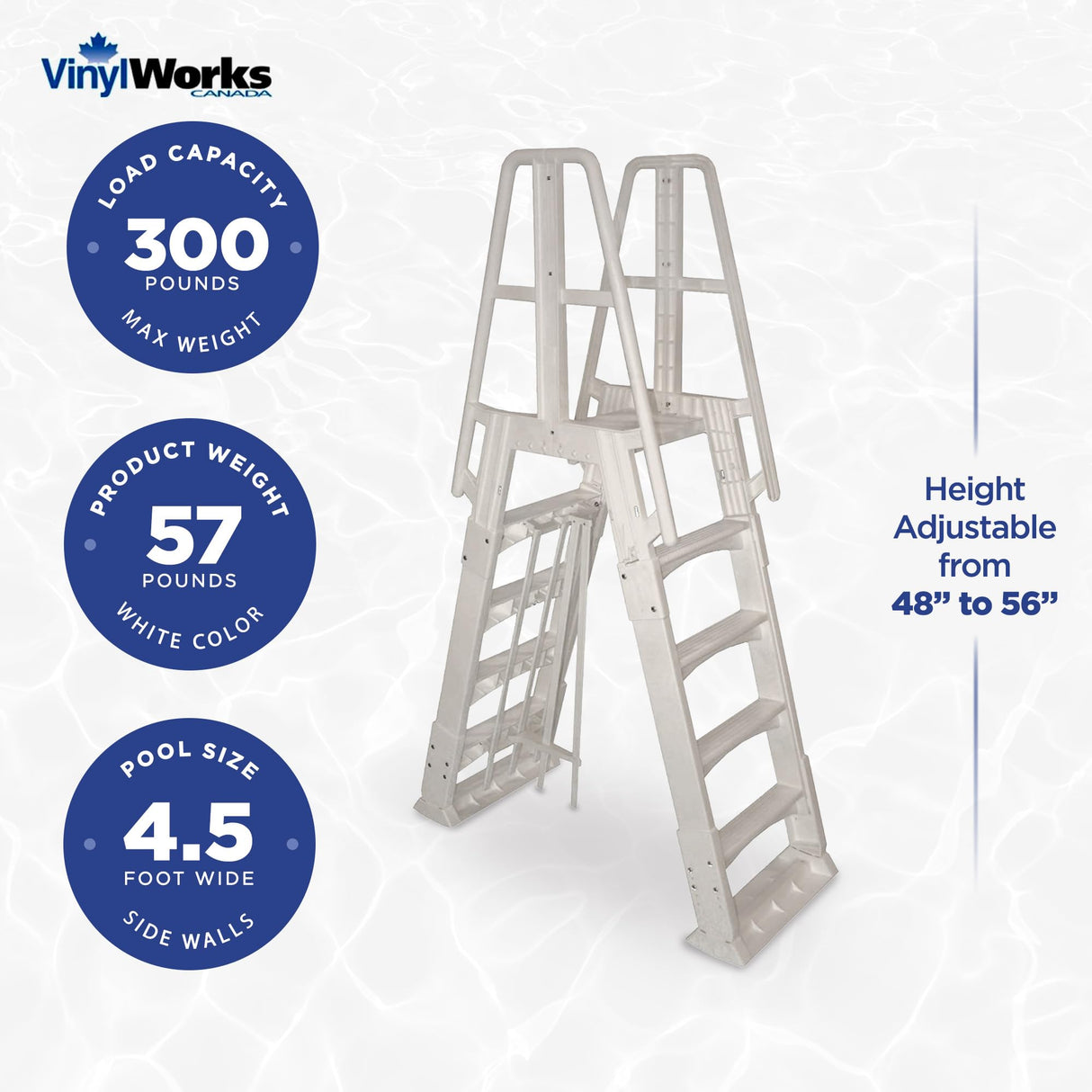 Vinyl Works SLA A-Frame 48 to 56 Inch Adjustable Above Ground Swimming Pool Ladder Entry System with Slide Lock Barrier and Handrails, White