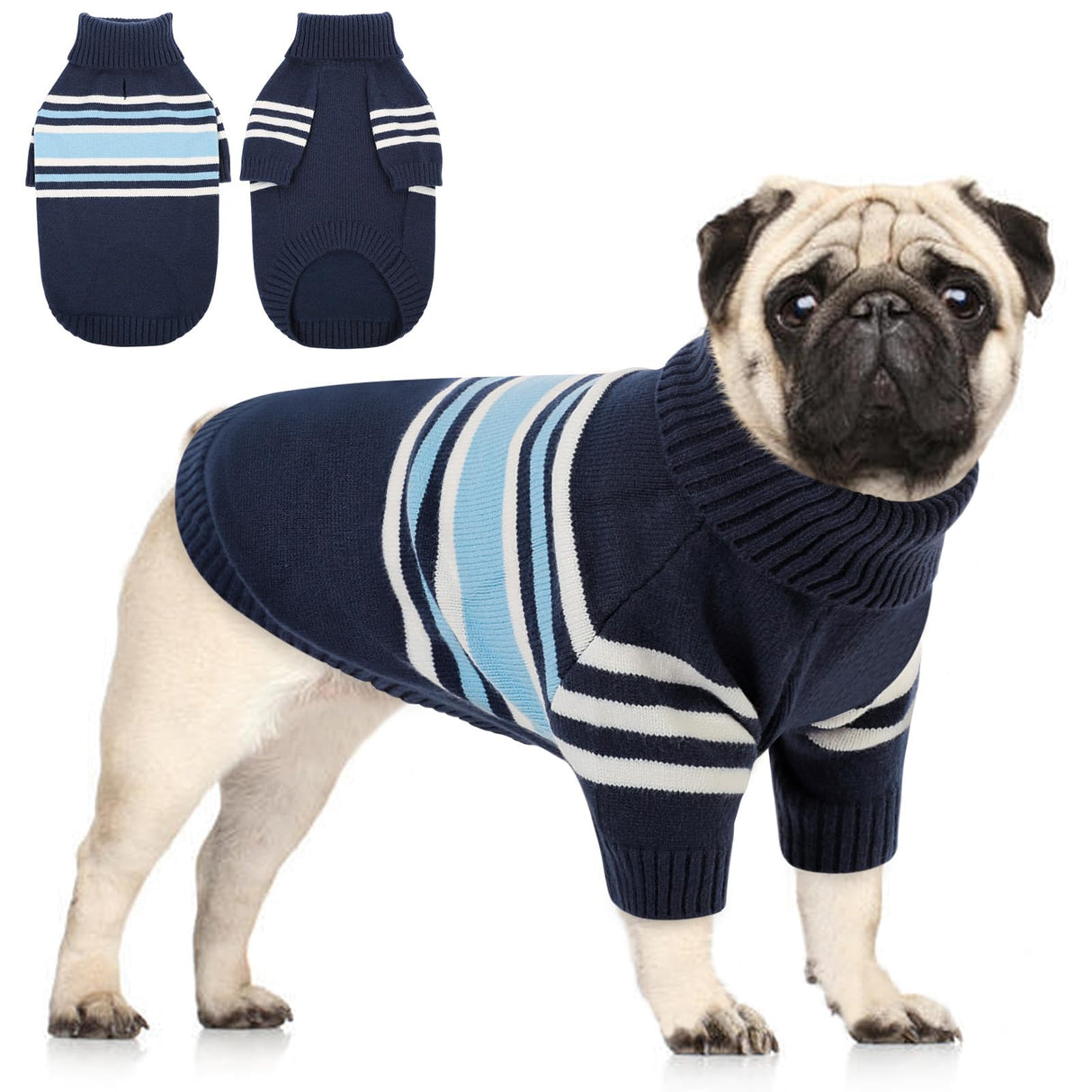 Queenmore Dog Striped Knitted Sweater, Turtleneck Pullover Pet Coat, Dog Winter Clothes with Leash Hole for Small Medium &Large Dogs(Navy Blue,S)