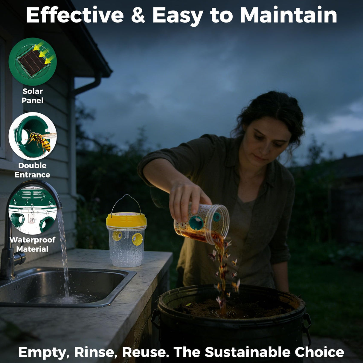 2 Pack Wasp Traps Outdoor Hanging, Carpenter Bee Traps for Outside, Yellow Jacket Trap Solar Powered Wasp Killer with UV LED Light, Bee Catcher Traps, Hornet Traps
