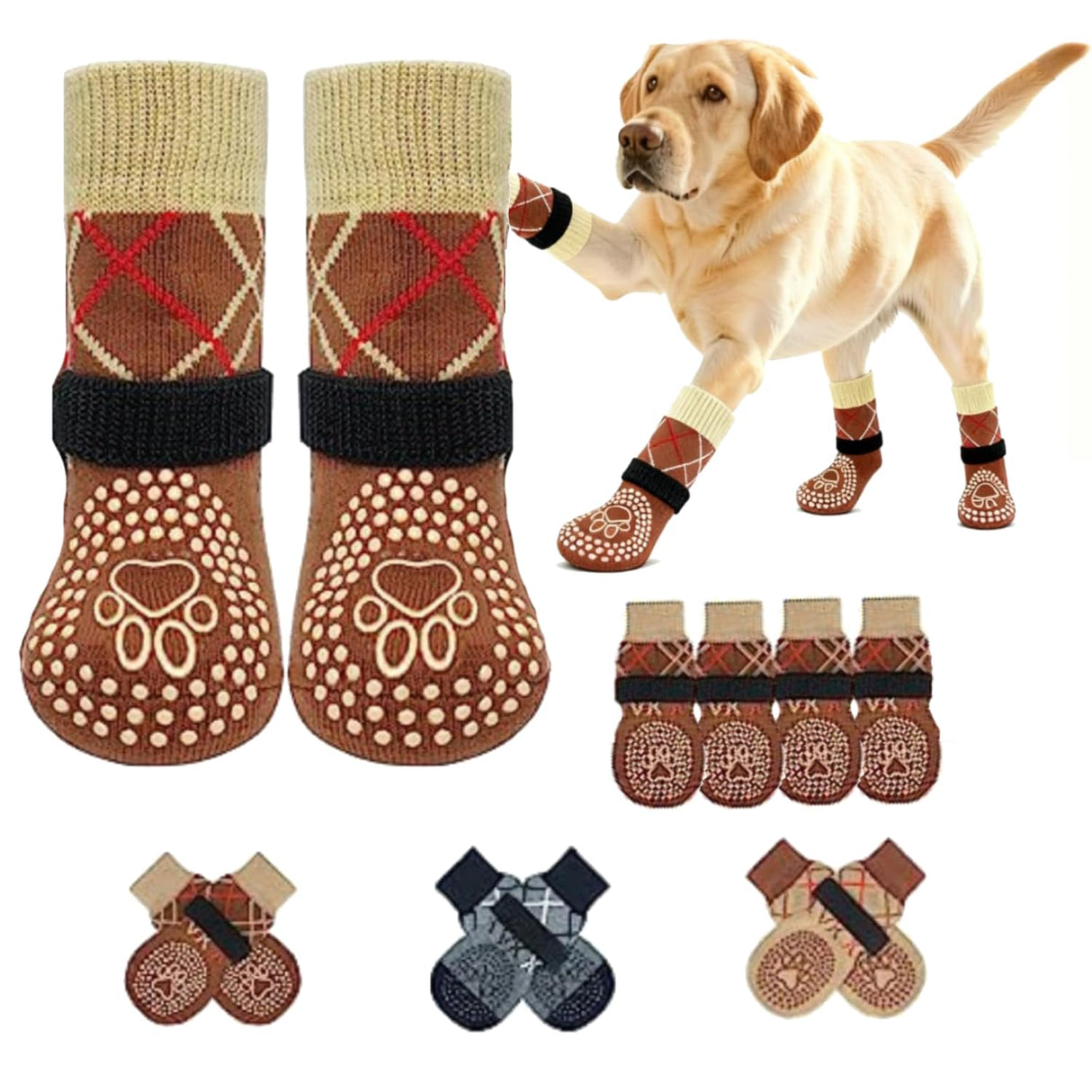 SYEIIYU 4Pcs Anti-Slip Dog Socks, Dog Shoes with Double Sides Grips for Hot/Cold Pavement,Paw Protectors for Small Medium Large Senior Dogs, Traction Control Boots for Hardwood Floors-Brown-XS