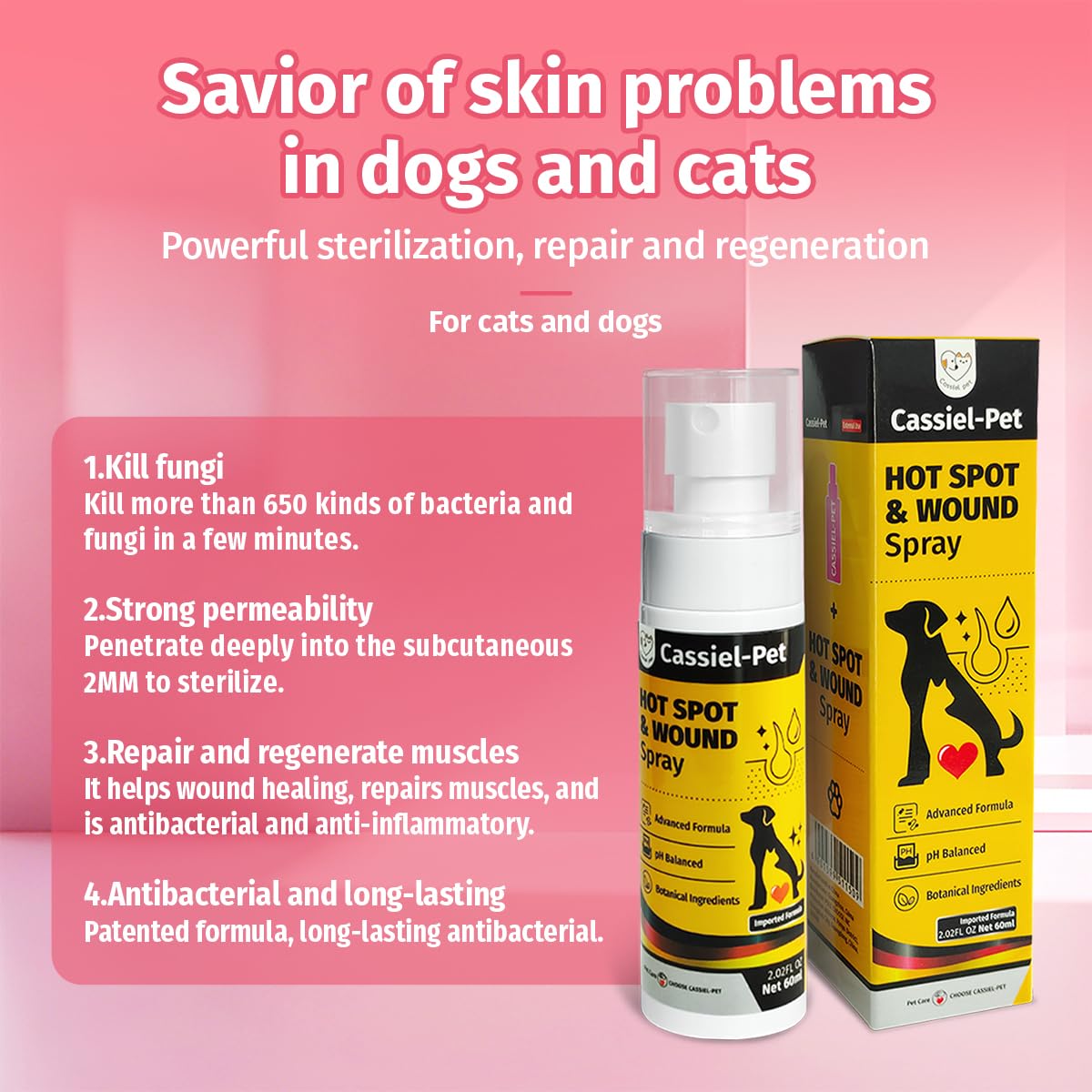 Cassiel pet Hot Spot Spray Treatment, Wound Care & Itch Relief Spray for Dogs and Cats, Relives Scratching, Itchy Skin and Paw Licking, for All Animals, 2.02oz