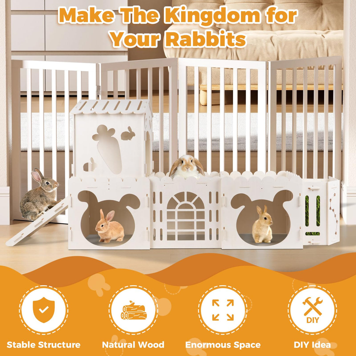 Extra Large Rabbit House, Wooden Bunny Castles with 4 Houses and Hay Feeder, Indoor Guinea Pig Castles Multistory Climbing Tower, Sturdy Wooden Bunny Cage Indoor, Small Animal Pet Rabbit Habitat