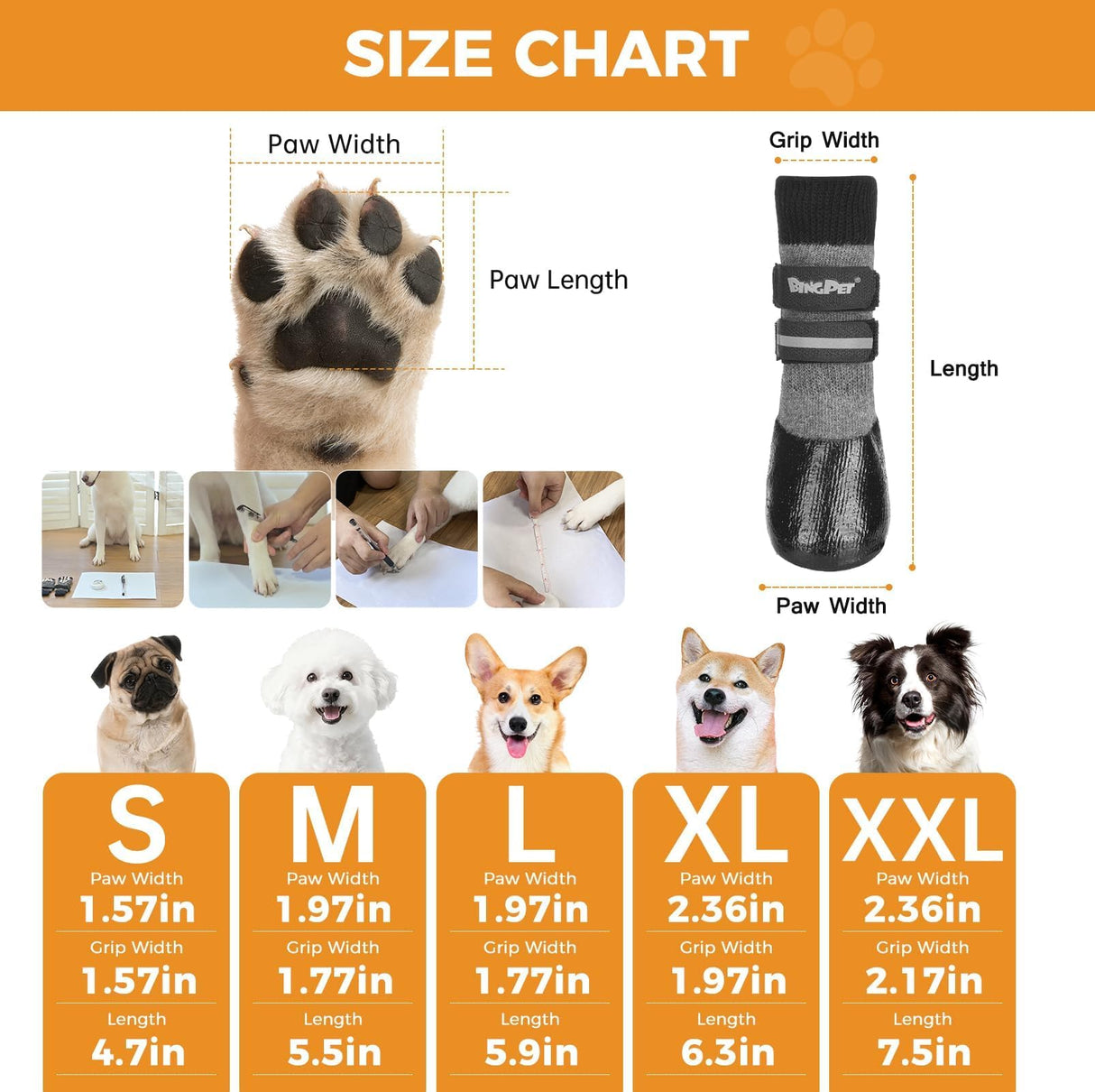 BINGPET Waterproof Dog Socks Boots to Prevent Licking Paws,Anti Slip Dog Booties & Paw Protectors with Dual Straps for Hot/Cold Pavement,Indoor Outdoor Grip Dog Shoes for Small Medium Large Senior Dog