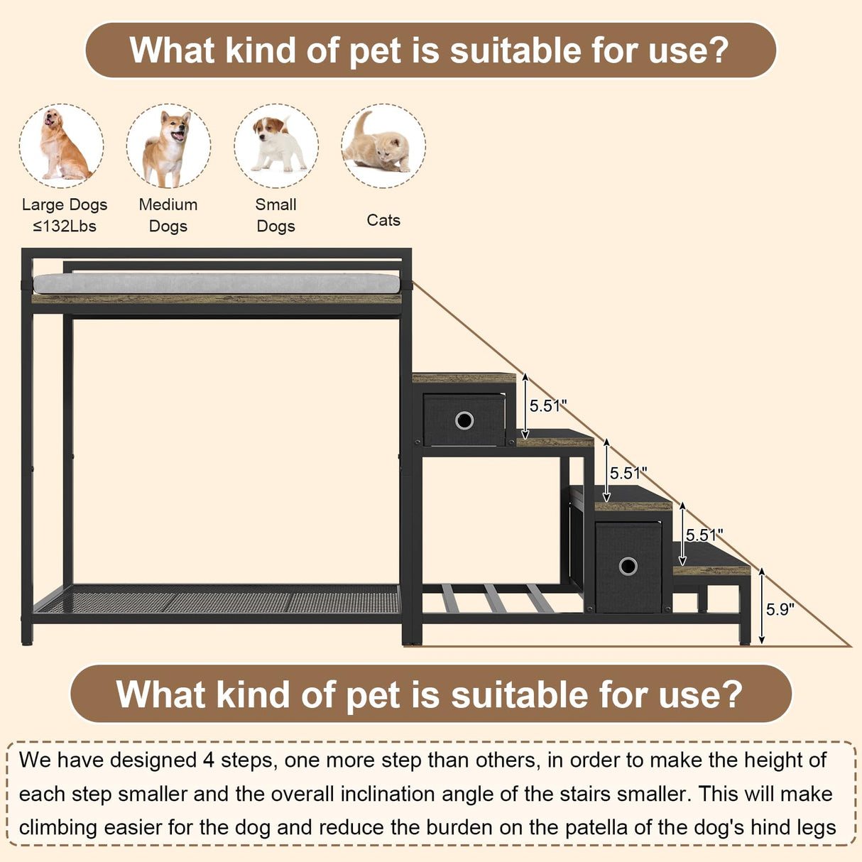 Saudism Pet Bunk Bed with Removable Stairs and 2 Drawers, Dogs/Cats Window Perch, Dog Window Seat with Soft Cushion, Ultra-Shallow Steps, Sturdy Metal Frame, Non-Slip, Load Capacity 60 LBS