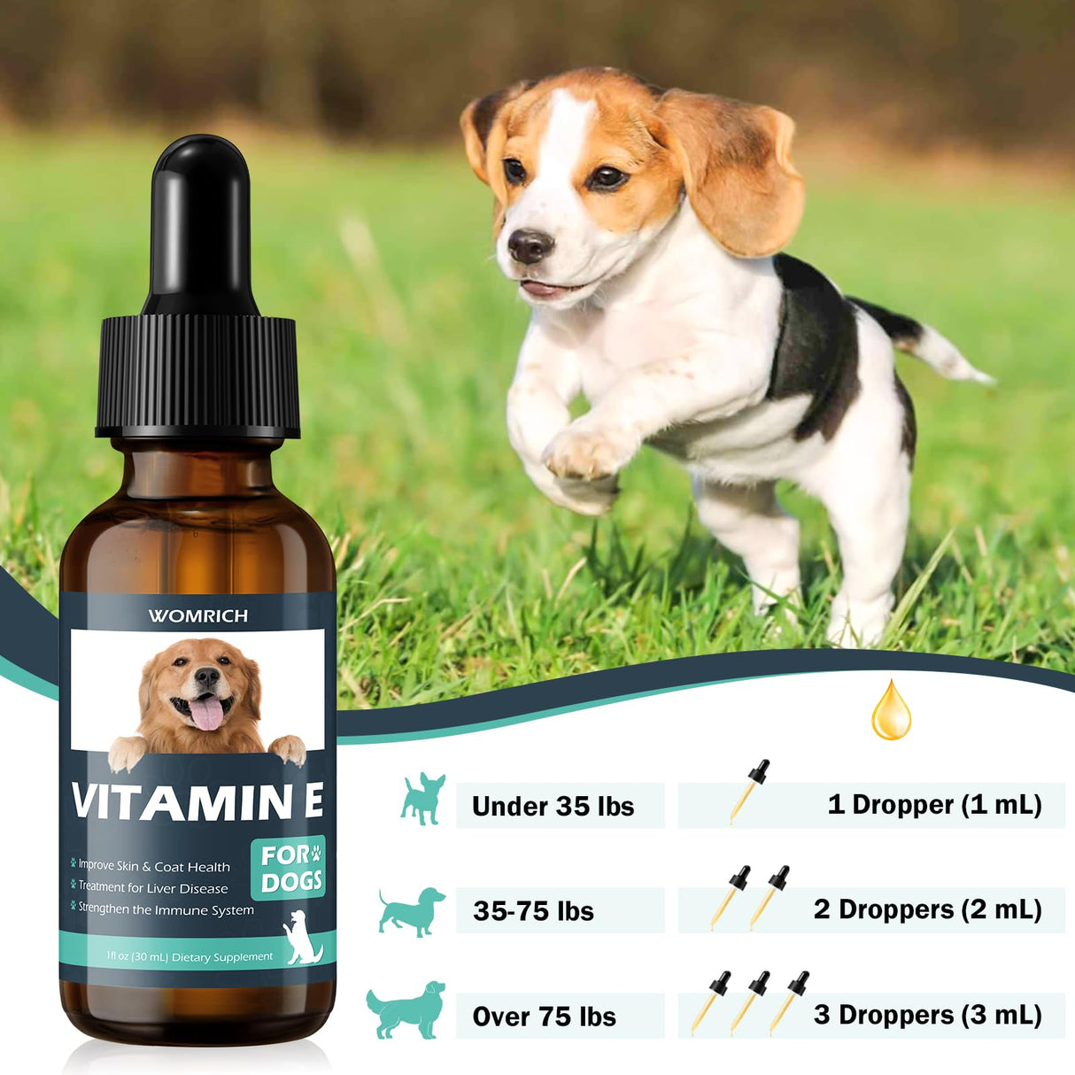 Vitamin E for Dogs - Dog Vitamins E - Vitamin E Dropper for Dogs, Improve Skin & Coat Health, Treatment for Liver Disease, Strengthen Immune System - Natural Formula for All Ages, and Breeds - 30 ML