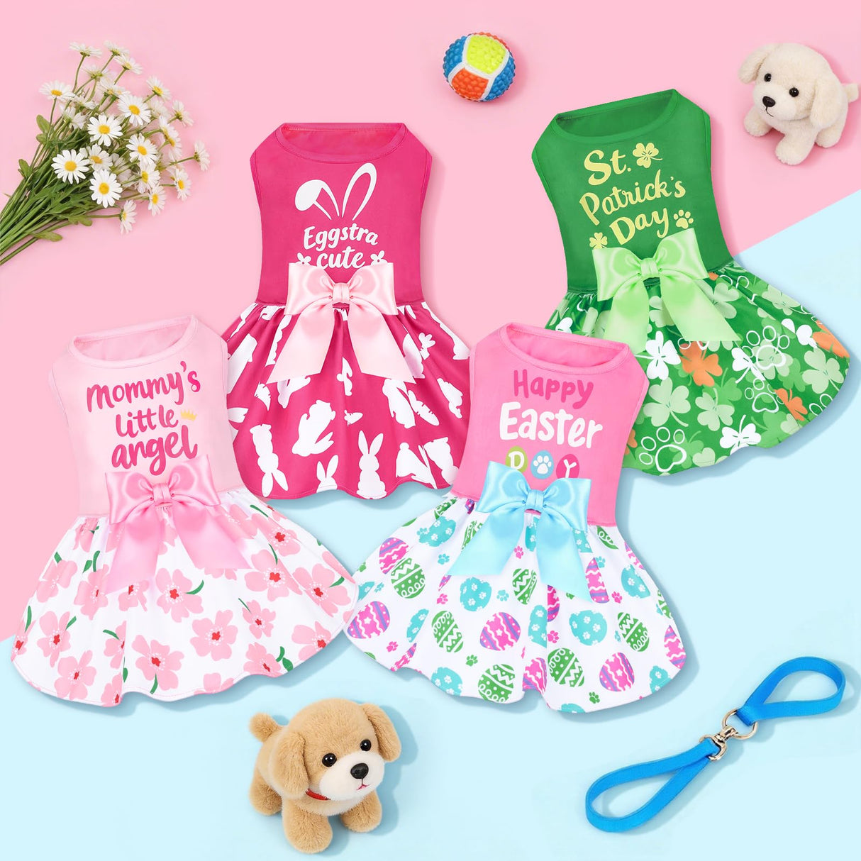 XPUDAC 4 Pack Cute Dog Dress with Bowknot Dog Clothes Puppy Skirt Mommy Floral Bunny Egg Shamrock Print for St. Patrick's Day Easter Holiday Pet Outfit for Girls, M