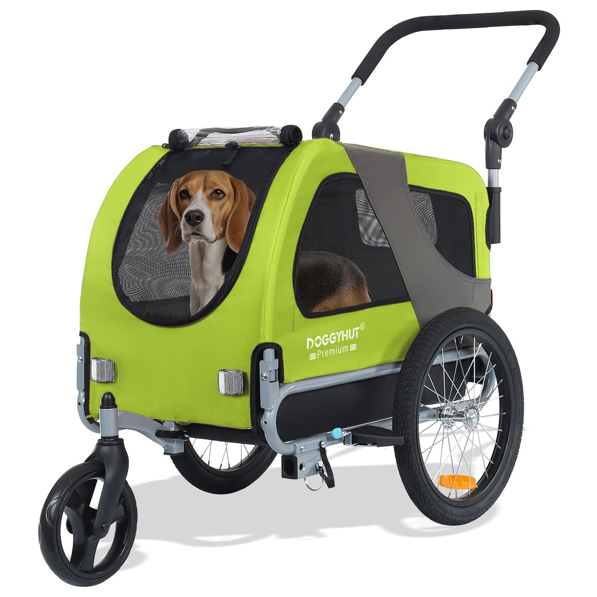 DOGGYHUT® Premium M Pet Bike Trailer & Stroller 2-in-1,for Dogs up to 50 lbs,Parking Brakes,Easy Folding Cart Frame, Universal Bicycle Coupler,E-Bike Friendly (Lime Green)