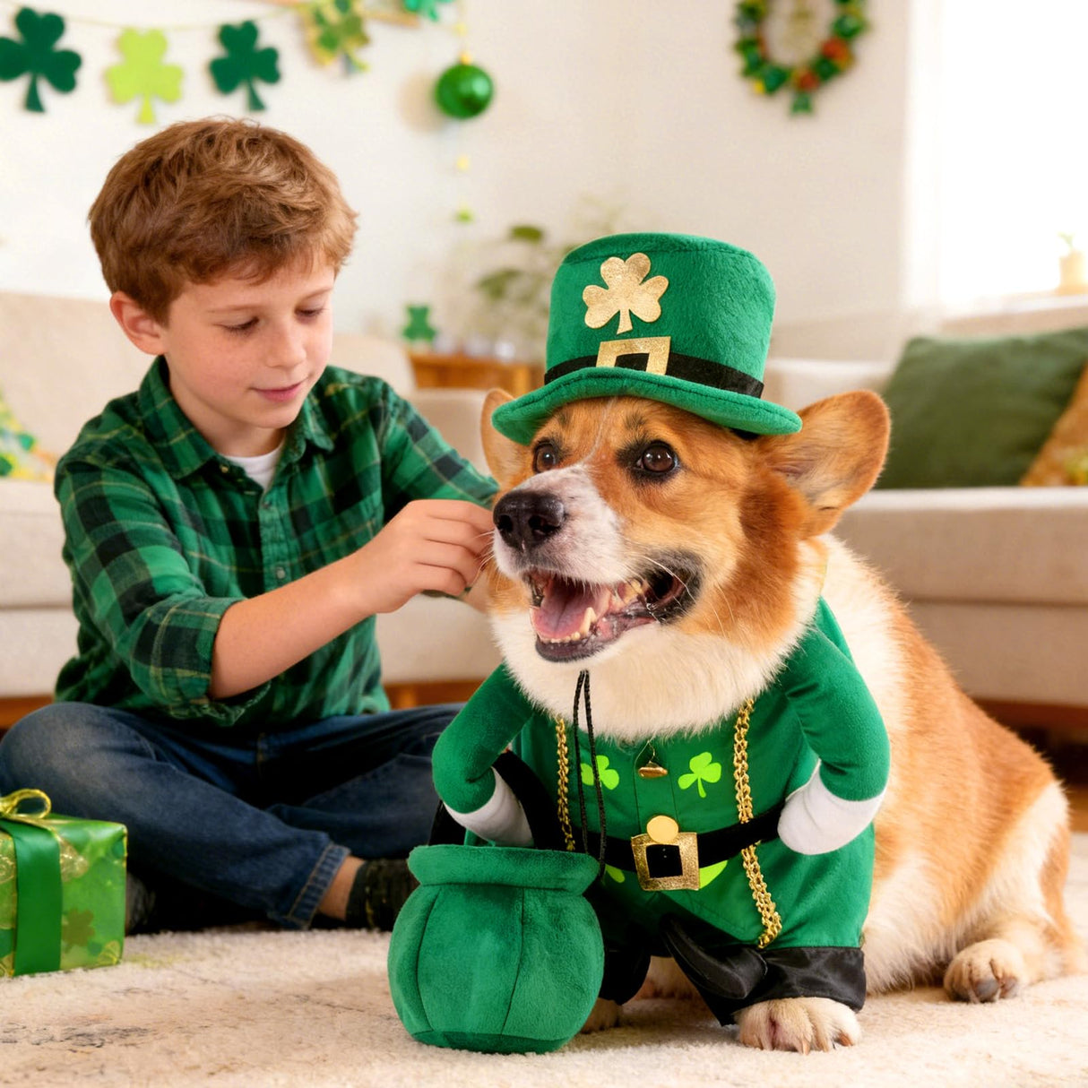 Leprechaun Dog Costume, 3 PCS St Patrick’s Day Puppy Outfit with Hat & Gold Pot, Irish Lucky Theme Celebration Green Holiday Clothes Dress Up for Dogs Cat Pet Small Medium Large