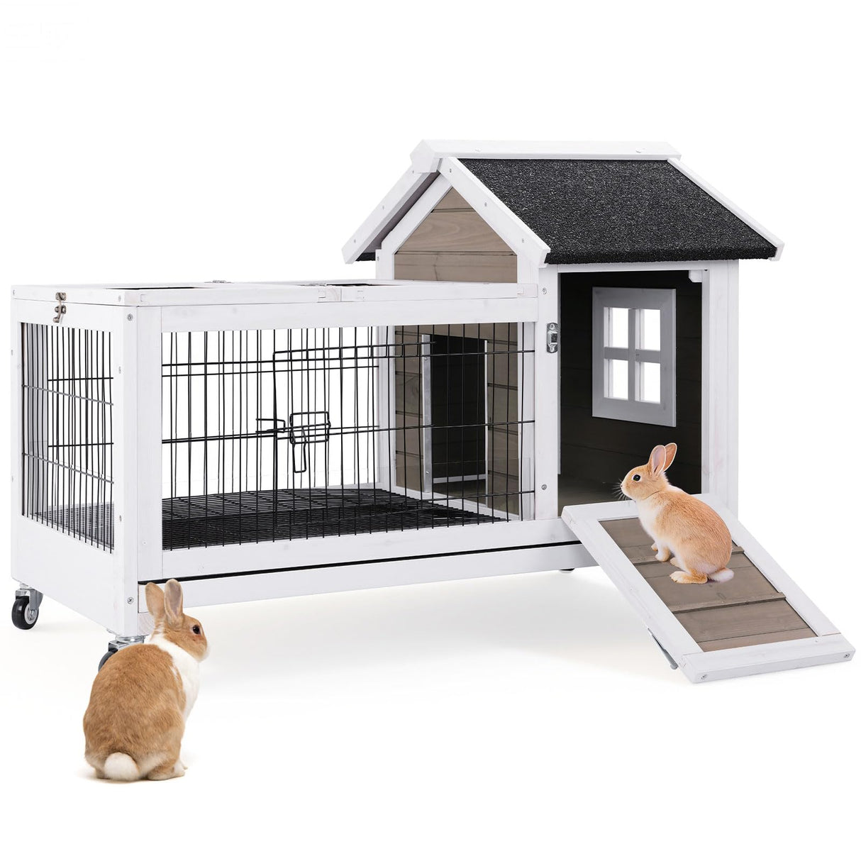 FunXplore Rabbit Hutch Indoor Outdoor Rabbit Cage Bunny Hutch with Casters, Urine Baffles Bottom Wire Floor Leakproof Tray Metal Feeder Openable Roof