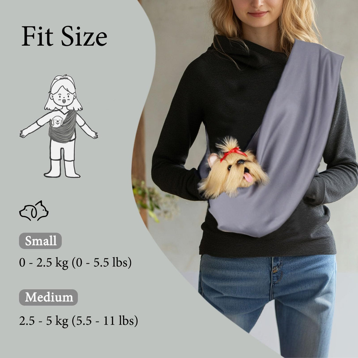 CHOOSEU Dog Sling Carrier for Small Dogs, Up to 11 lbs, Dog Carrier Sling is Easy to Carry, Hand Free, Keep Warm, Grey