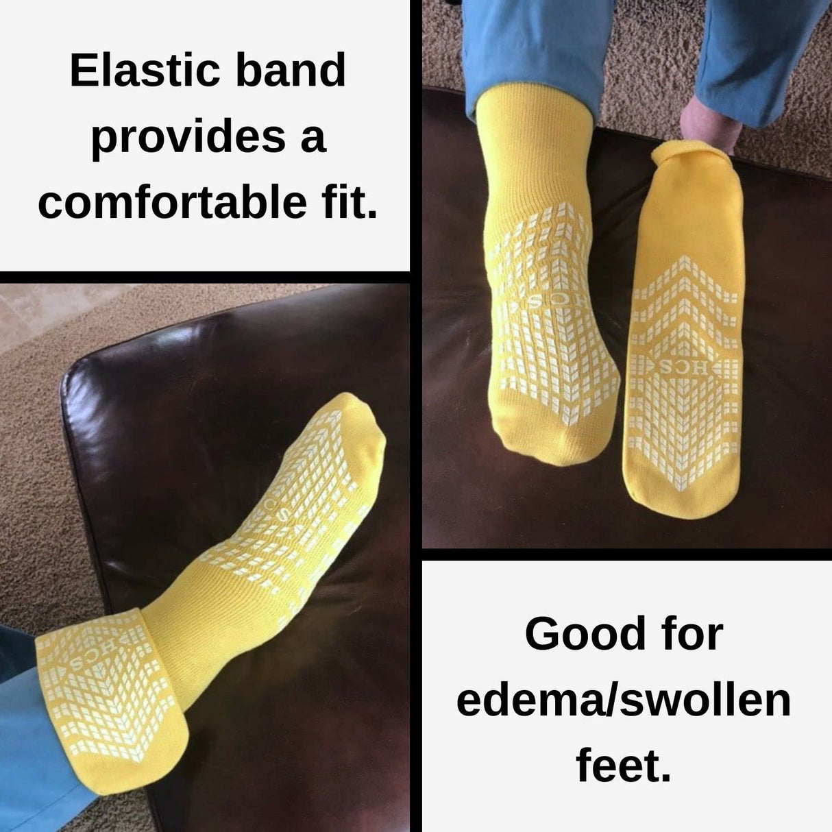 HCS Hospital Socks with Grips for Women & Men (6 Pairs) - Non Slip Socks for Elderly/Non Skid Socks for Seniors - Fall Risk Patient Slippers (Yellow)
