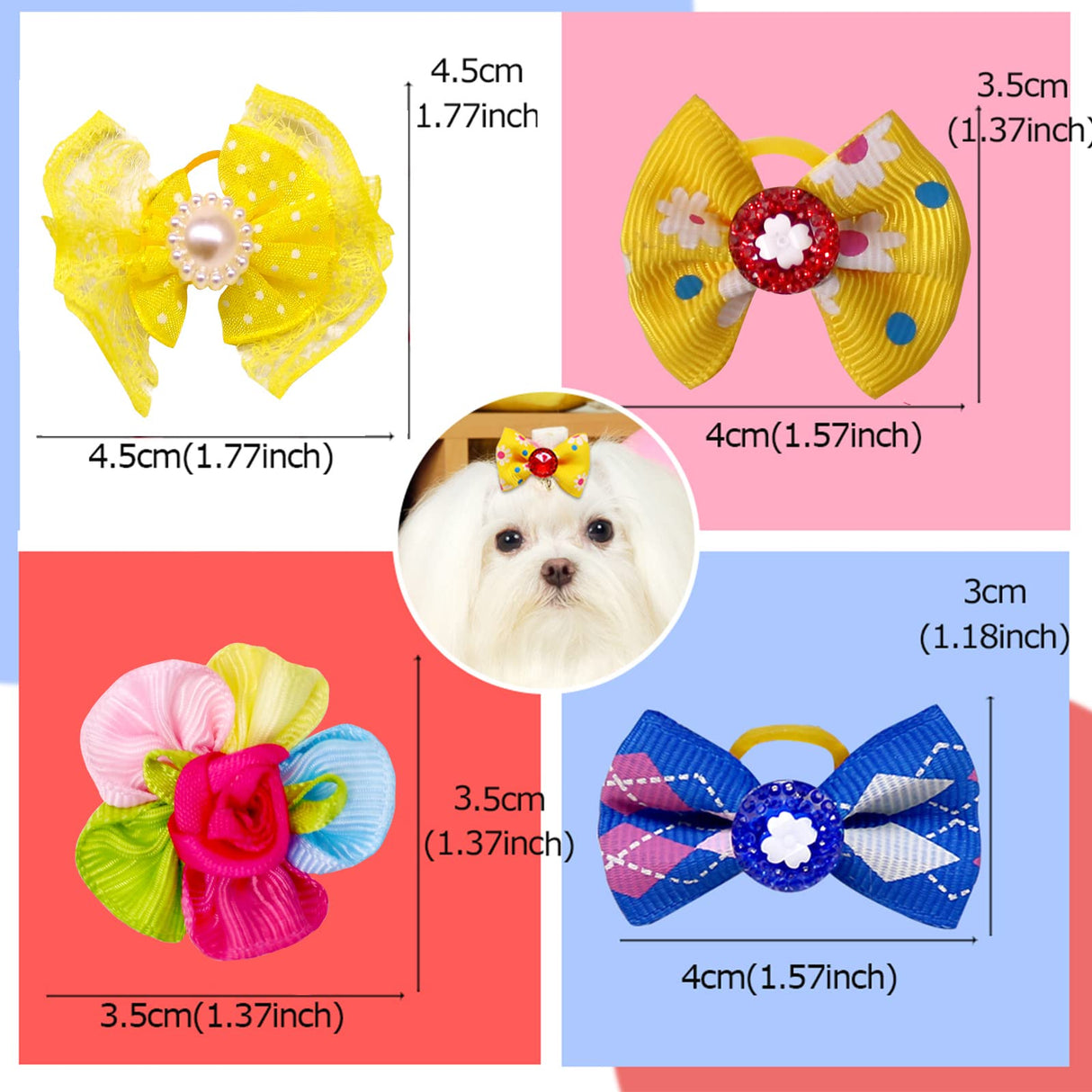 Mruq Pet 100pcs Dog Hair Bows, Small Puppy Grooming Bows with Rubber Bands - Mix Dainty Handmade Hair Accessories for Pet Yorkie and Tiny Dogs