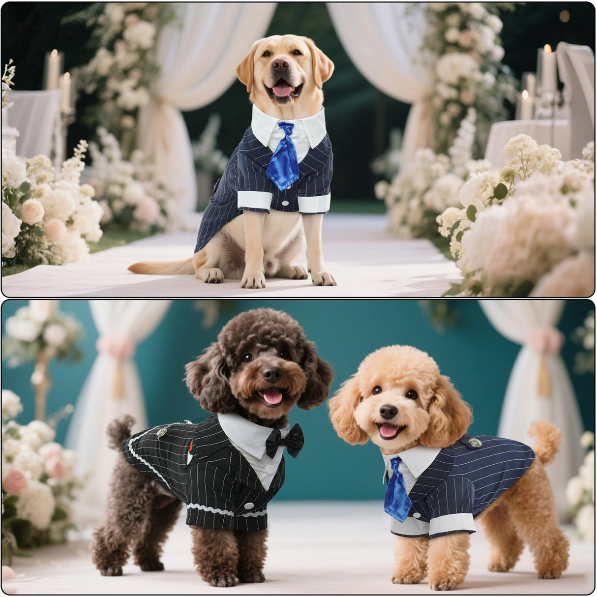 DENTRUN Navy Blue Dog Tuxedo - Formal Pinstripe Pet Suit Shirt with Satin Tie, Elegant Wedding Outfit Birthday Party Attire for Golden Retriever Husky Border Collie Large Dogs (Polyester), XXXL