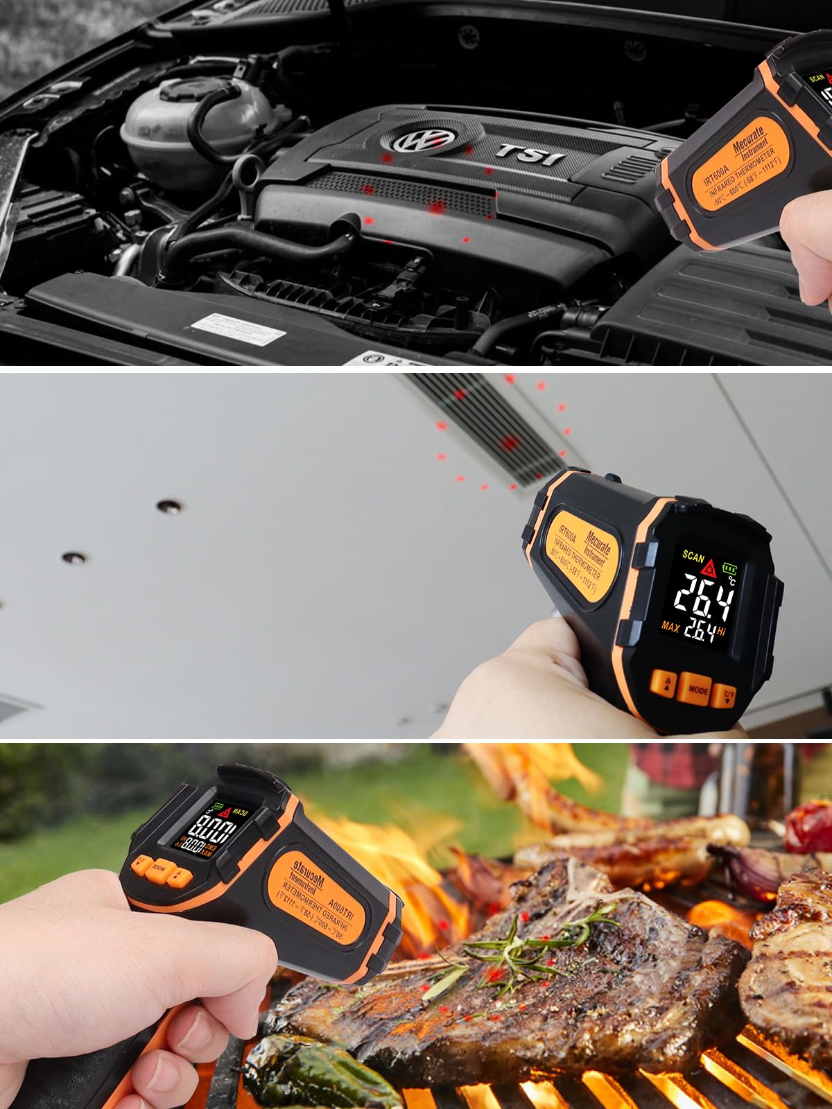 Mecurate Digital Infrared Thermometer Gun Non Contact Laser Temperature Gun -58℉~1112℉(-50℃~600℃) Adjustable Emissivity & Max Measure for Cooking/BBQ/Freezer with Food Thermometer