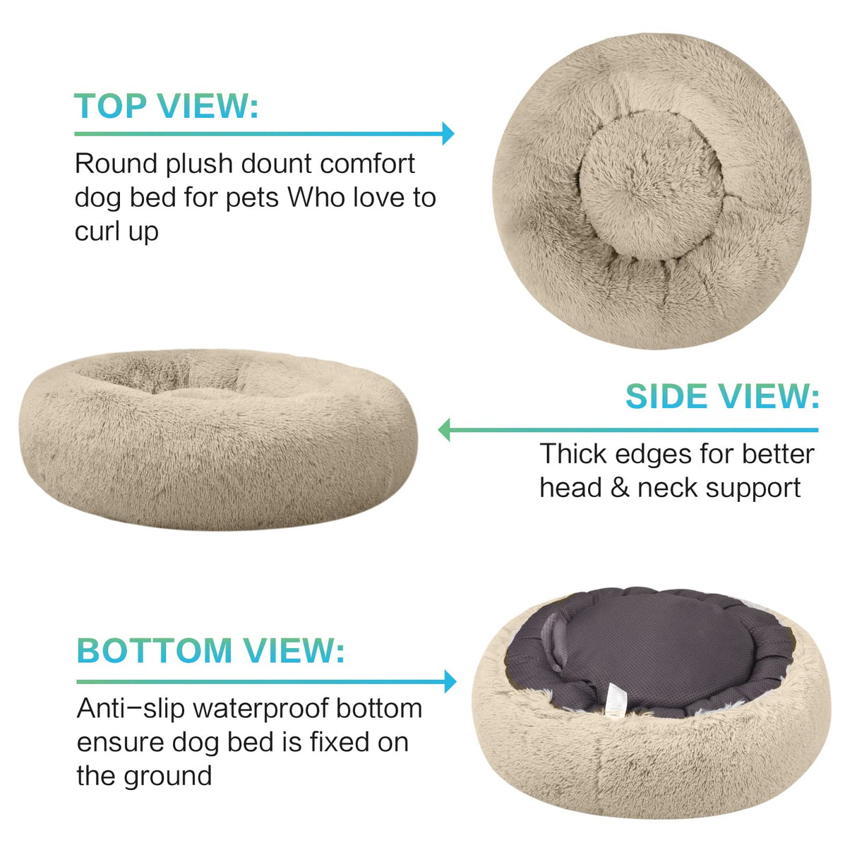 SAVFOX 45 inches Calming Donut Dog Bed - 3X Durable Plush Faux Fur, Machine Washable & Non-Slip, Fits up to 150 lbs, Beige